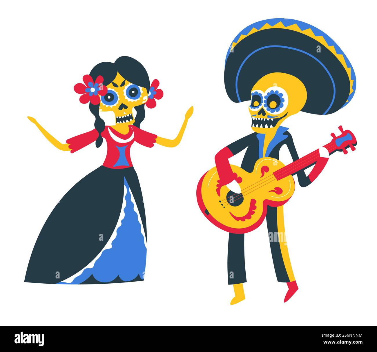 Des gens portant des costumes, habillés comme des squelettes donnant des performances. Homme et femme jouant de la guitare et dansant. Jour de la célébration des morts de la fête mexicaine traditionnelle, vecteur dans le style plat. Musiciens mexicains jouant de la guitare et chantant en vacances Illustration de Vecteur