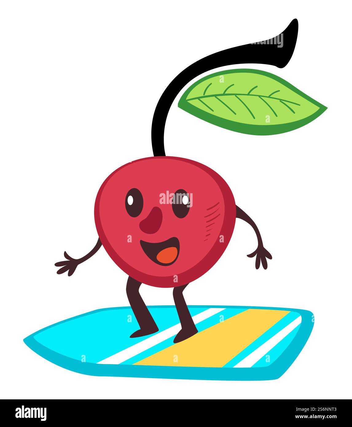 Cerise surf à bord en été, sports d'été et activités de style de vie sain. Berry debout sur une planche de surf, personnage ou mascotte attrapant les vagues de la mer. Émoticône ou vecteur d'autocollant à plat. Surf sportif aux cerises à bord, sports d'été Illustration de Vecteur