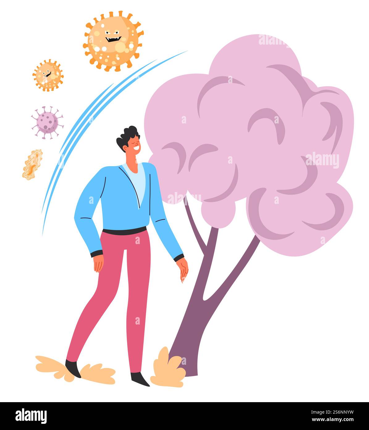 Personnage masculin renforçant l'immunité en marchant dans la forêt respirant l'air frais. Capacités croissantes du système immunitaire, mesures de sécurité et de protection contre les microbes et les virus, vecteur dans le style plat. Renforcer le système immunitaire en passant du temps à l'air frais Illustration de Vecteur