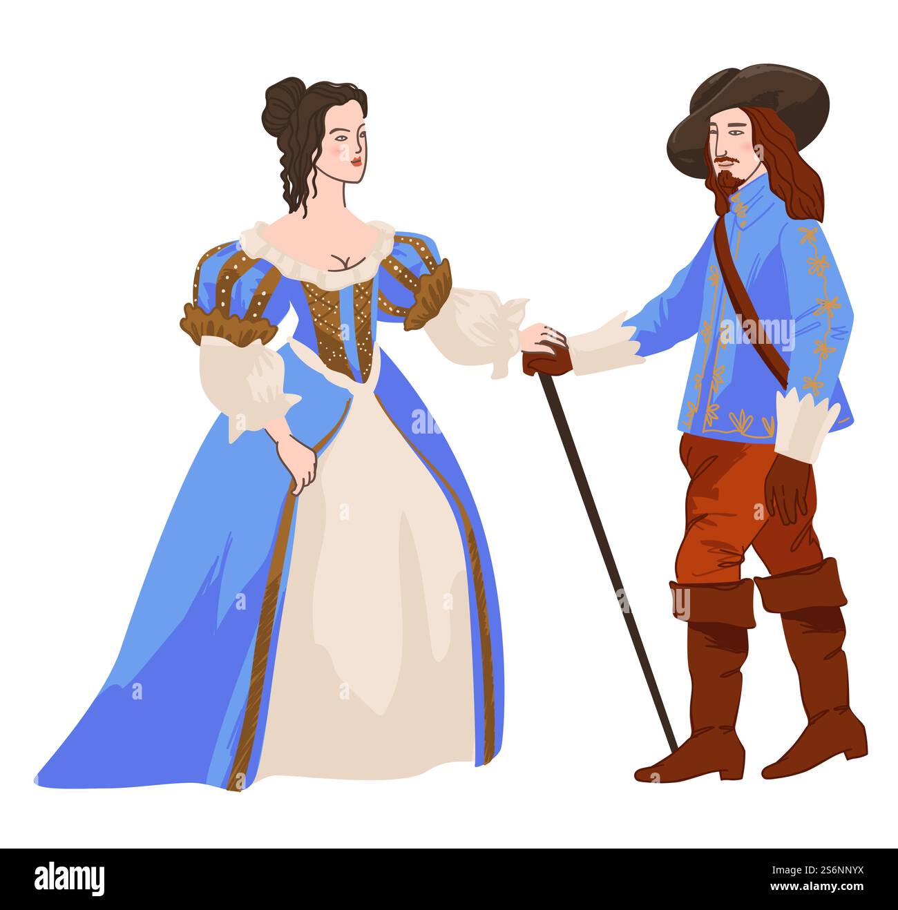 Femme et homme d'autrefois, personnages masculins et féminins sur le bal ou la réception. Reine ou princesse avec chevalier tenant la lance ou l'épée. Les gens portant des vêtements vintage traditionnels. Vecteur dans le style plat. Reine ou princesse avec chevalier et vecteur de lance Illustration de Vecteur