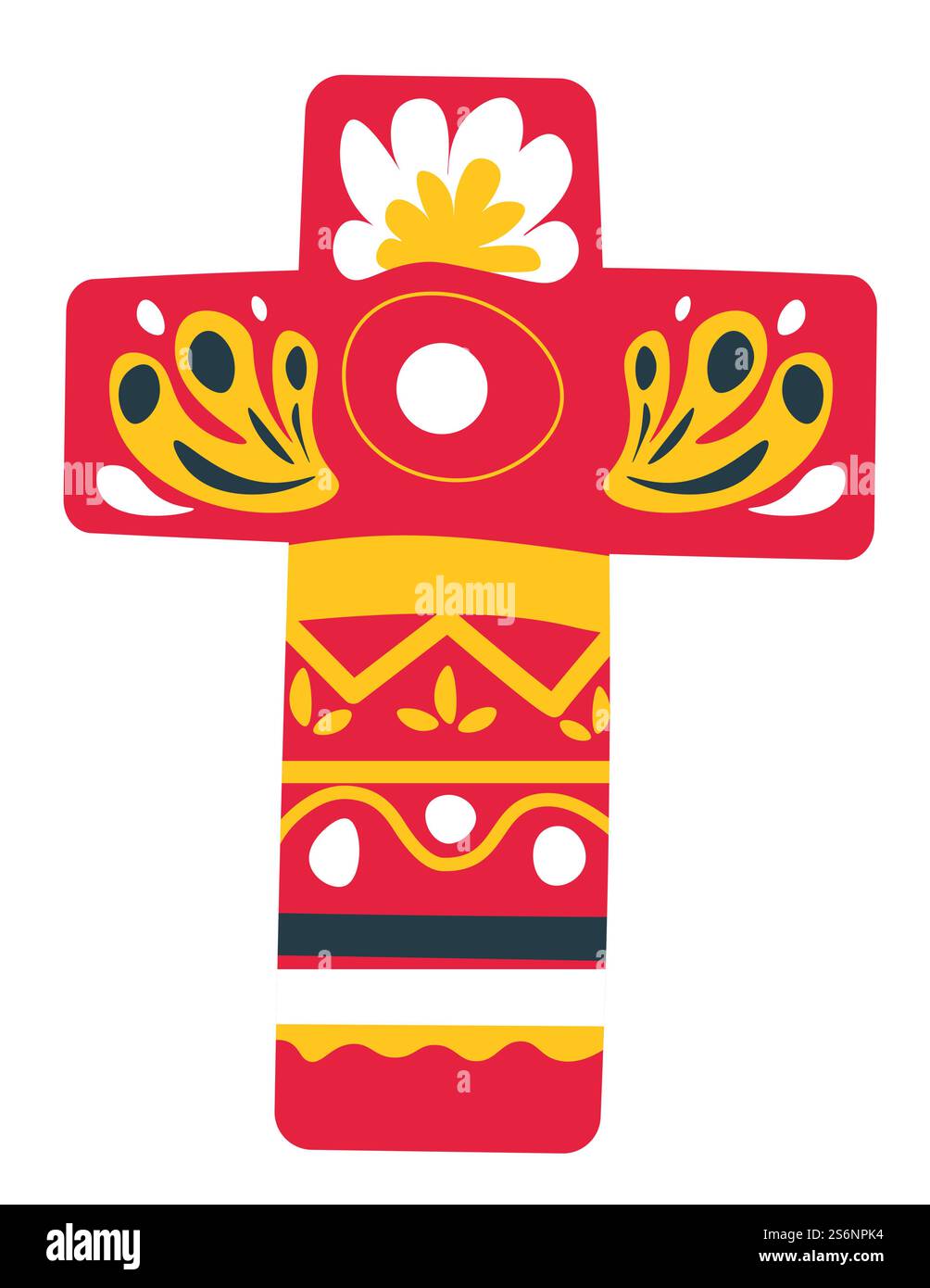 Jour des morts, croix avec côtés décorés et surface. Ornements sur crucifixion. Tradition mexicaine d'objets de peinture pour les vacances, décoration festive pour les vacances d'halloween, vecteur dans le style plat. Croix décorée d'ornements et de fleurs, tradition mexicaine Illustration de Vecteur