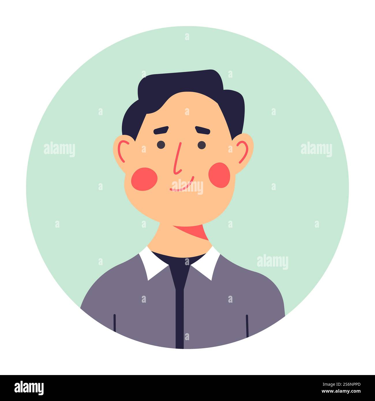 Personnage masculin adulte souriant sur portrait, avatar arrondi ou photo pour profil dans les médias ou cv. Homme joyeux à l'âge mûr, personnage confiant. Brunette avec blush sur les joues, vecteur dans le style plat. Portrait de personnage masculin d'âge moyen dans le vecteur de cercle Illustration de Vecteur