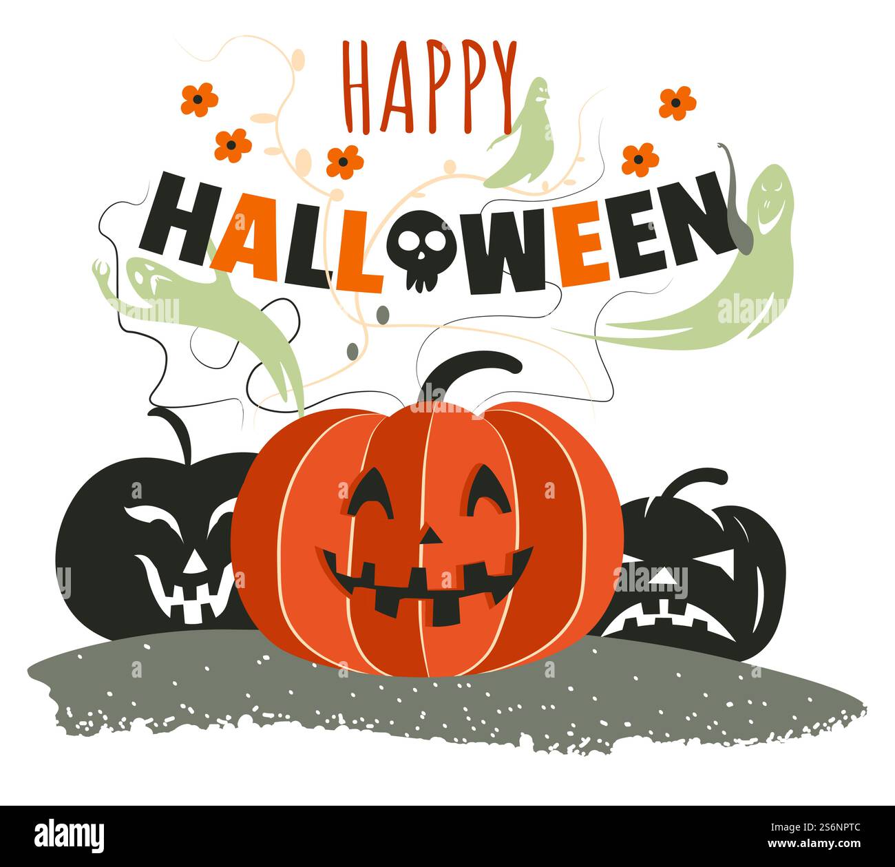 Célébration des vacances d'automne en octobre, événement saisonnier d'automne. Affiche de voeux halloween avec lanternes jack o, visages sculptés et texte décoratif. Vecteur de citrouilles souriantes dans un style plat. Joyeuse célébration des vacances d'automne d'Halloween, visages de citrouilles sculptés Illustration de Vecteur