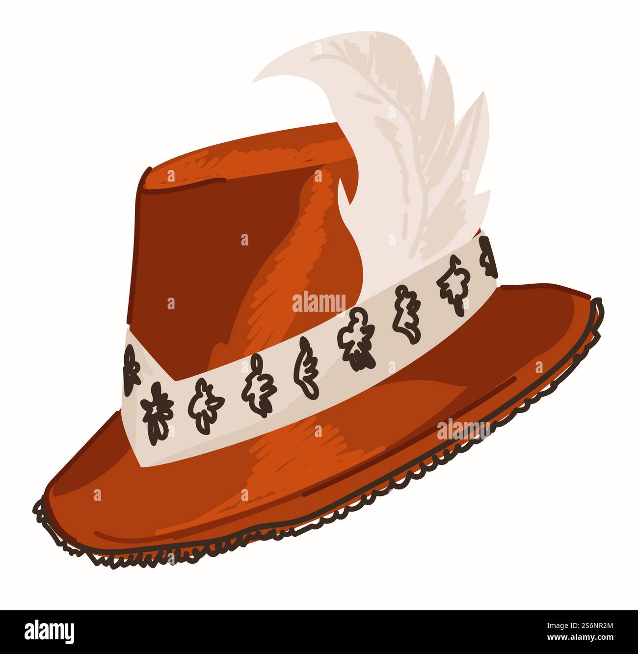 Chapeau de costume avec ruban et cuir, couvre-chef rouge faisant partie du jeu théâtral. Icône isolée de casquette, vêtements et accessoires des années passées et de la mode. Vêtements vintage et rétro. Vecteur dans le style plat. Chapeau avec ruban et couvre-chef de costume de plumes blanches Illustration de Vecteur