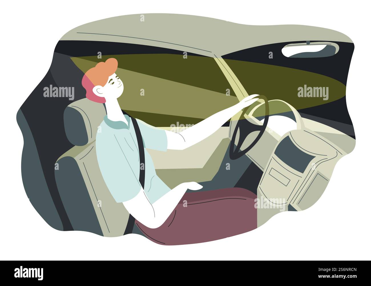 Homme assis près du volant, conduisant la voiture la nuit. Personnage masculin se déplaçant en voiture, transport et aventures confortables. Mec dans le salon avec ceinture de sécurité attacher. Vecteur dans le style plat. Personnage masculin conduisant la voiture tard dans la nuit vecteur Illustration de Vecteur