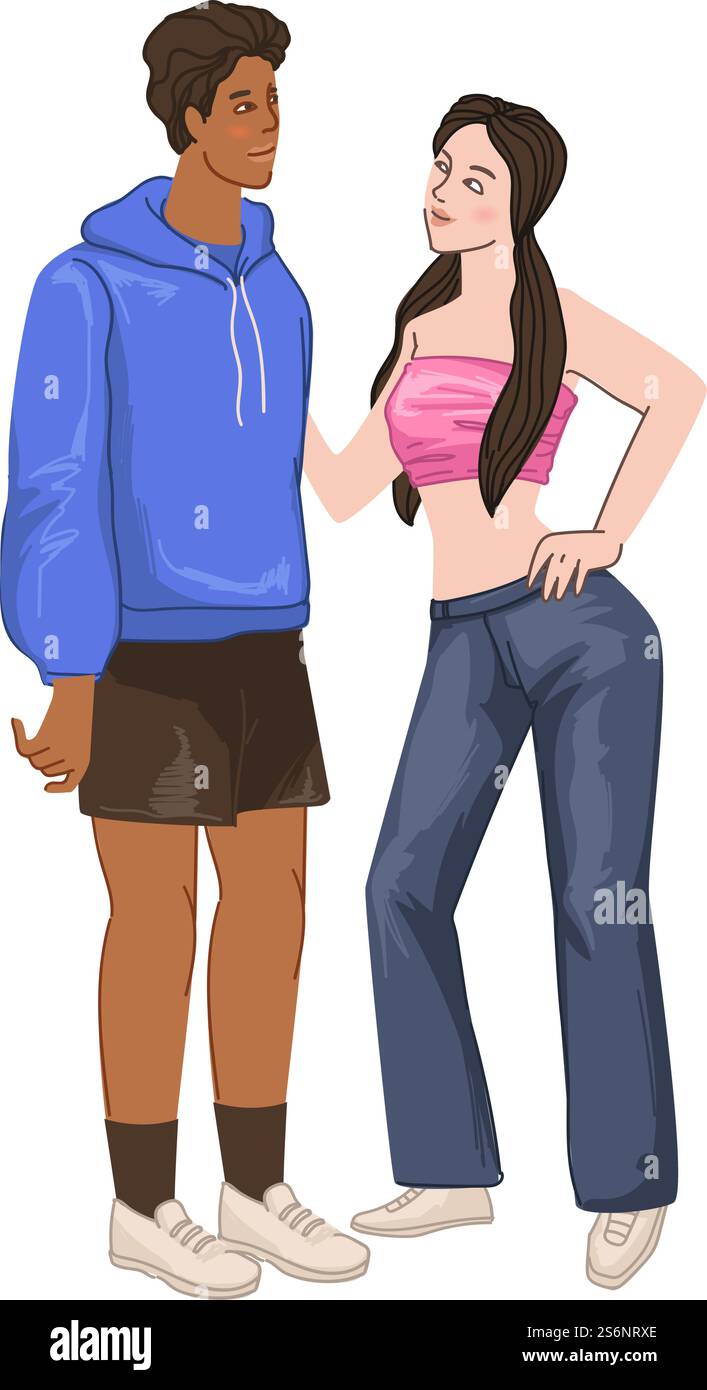 Personnages masculins et féminins portant des vêtements populaires de 00s. Adolescents isolés en jeans et sweat-shirt présentant la mode des années 2000 Élèves dans des tenues et des looks modernes. Vecteur dans le style plat. Adolescents des années 2000, mode et style des années 2000 Illustration de Vecteur