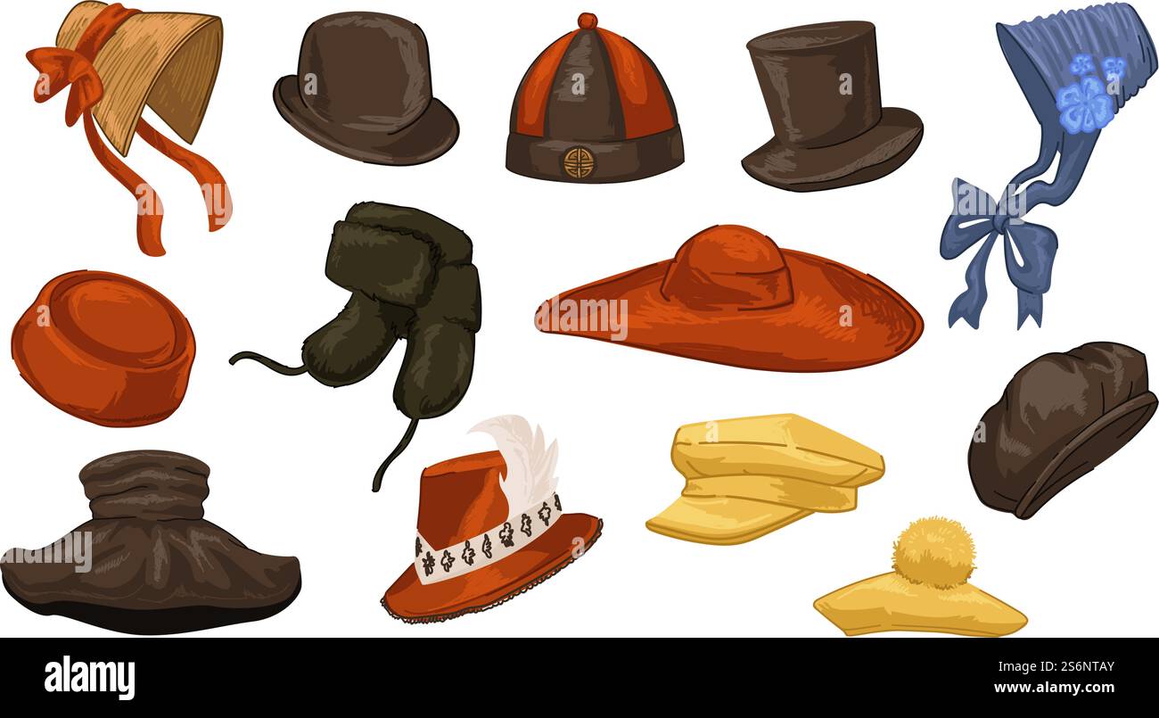 Couvre-chefs rétro et vintage pour hommes et femmes, casquettes isolées portées dans différents pays à l’époque. Design chinois et baroque, vêtements accessoires simples des années 70 et 60 Vecteur dans le style plat. Couvre-chefs vintage de différentes cultures et années Illustration de Vecteur Couvre-chefs rétro et vintage pour hommes et femmes, casquettes isolées portées dans différents pays à l’époque. Design chinois et baroque, vêtements accessoires simples des années 70 et 60 Vecteur dans le style plat. Couvre-chefs vintage de différentes cultures et années Illustration de Vecteur