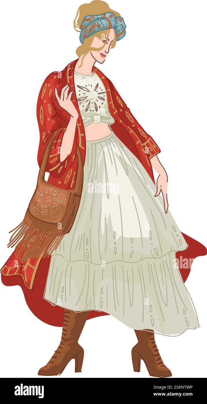 Personnage féminin portant des vêtements bohème ou hippie, femme isolée en jupe longue, chemise et sac à franges. Vêtements romantiques de fille, look vintage à la mode et élégant de dame. Vecteur dans le style plat. Shabby chic ou style de vêtements bohème de femme Illustration de Vecteur