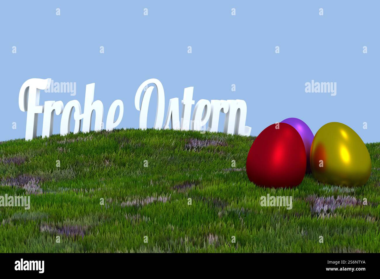 L'herbe verte avec les mots allemands Joyeuses Pâques et trois oeufs de couleur Banque D'Images