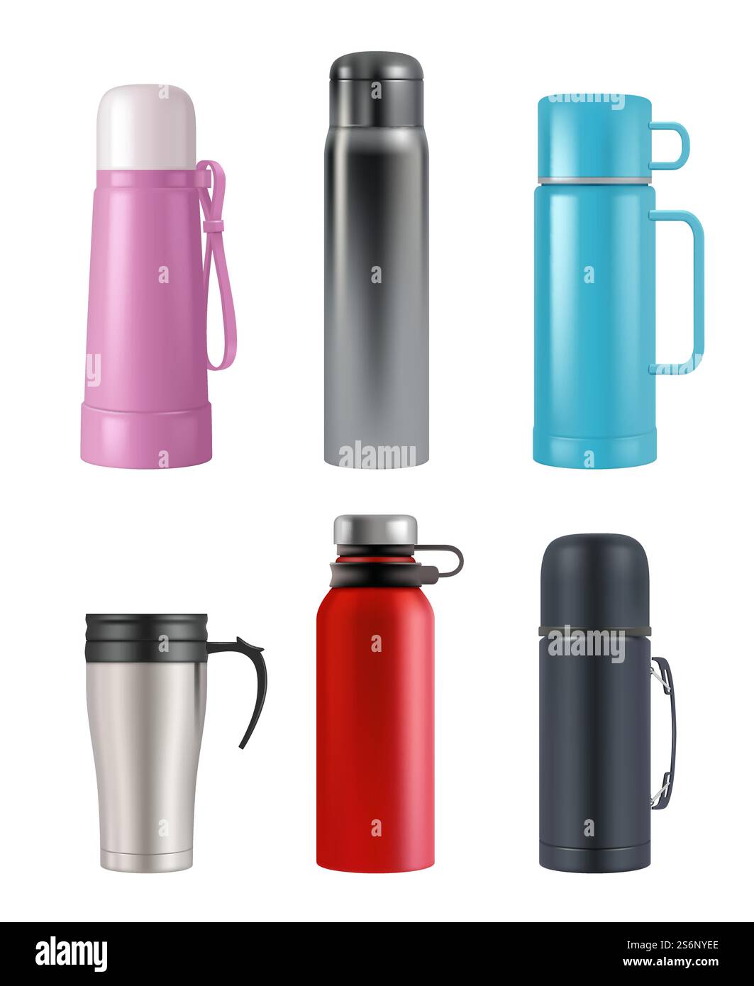 Maquette thermos. Flacon à vide de récipients ronds de tasse réaliste pour le vecteur de produits liquides 3d set. Illustration thermos à vide, bouteille à vide avec poignée. Maquette thermos. Flacon à vide de récipients ronds de tasse réaliste pour le vecteur de produits liquides 3d set Illustration de Vecteur