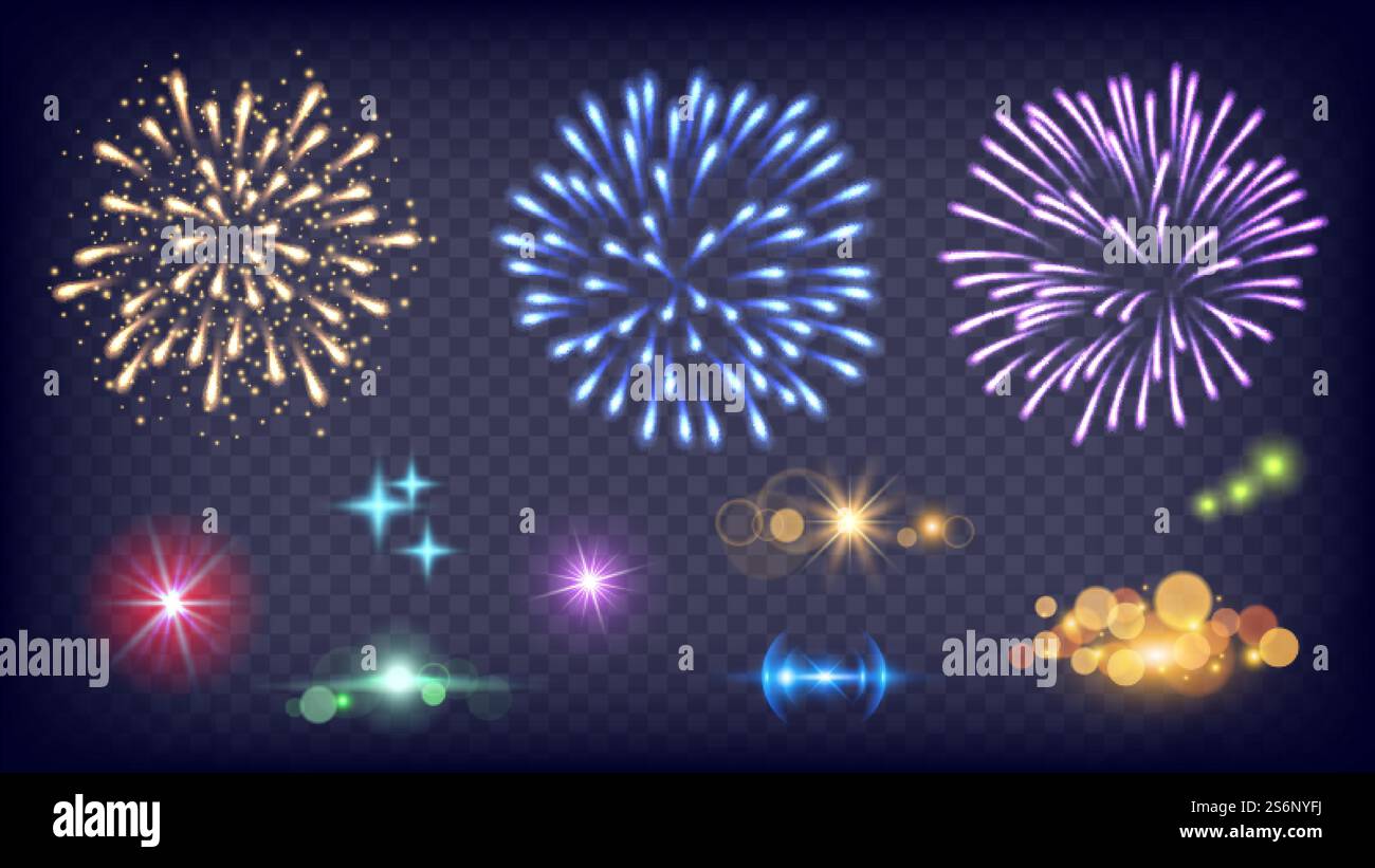 Faites briller des feux d'artifice. Éclaboussures lumineuses, lumières festives de feu réalistes. Ensemble de vecteurs d'éléments de nouvel an Night Sparkles. Éclaboussure de lumière, éclat et explosion illustration. Faites briller des feux d'artifice. Éclaboussures lumineuses, lumières festives de feu réalistes. Ensemble de vecteurs d'éléments de nouvel an Night Sparkles Illustration de Vecteur