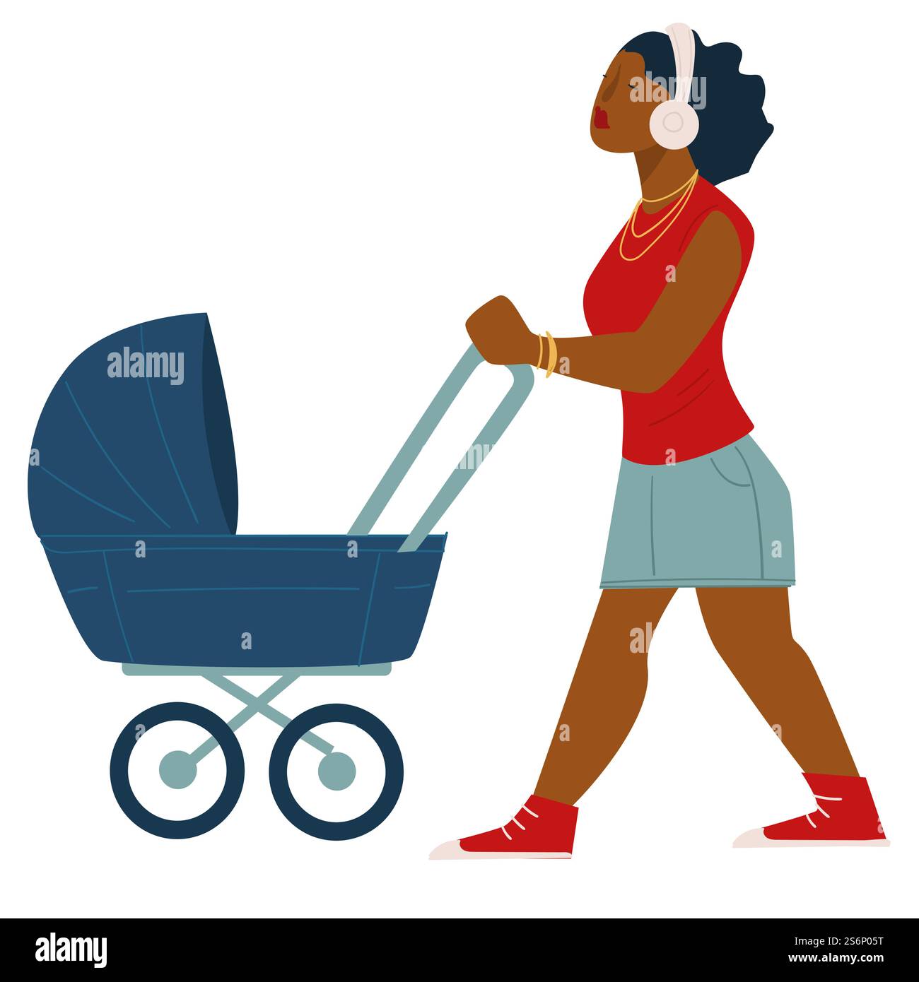 Personnage féminin poussant perambulateur avec enfant écoutant de la musique à l'aide d'écouteurs. Maman s'occupant de l'enfant prenant pour respirer l'air frais. Garde d'enfants et parentalité, enfance. Vecteur dans le style plat. Femme afro-américaine avec poussette écoutant de la musique Illustration de Vecteur