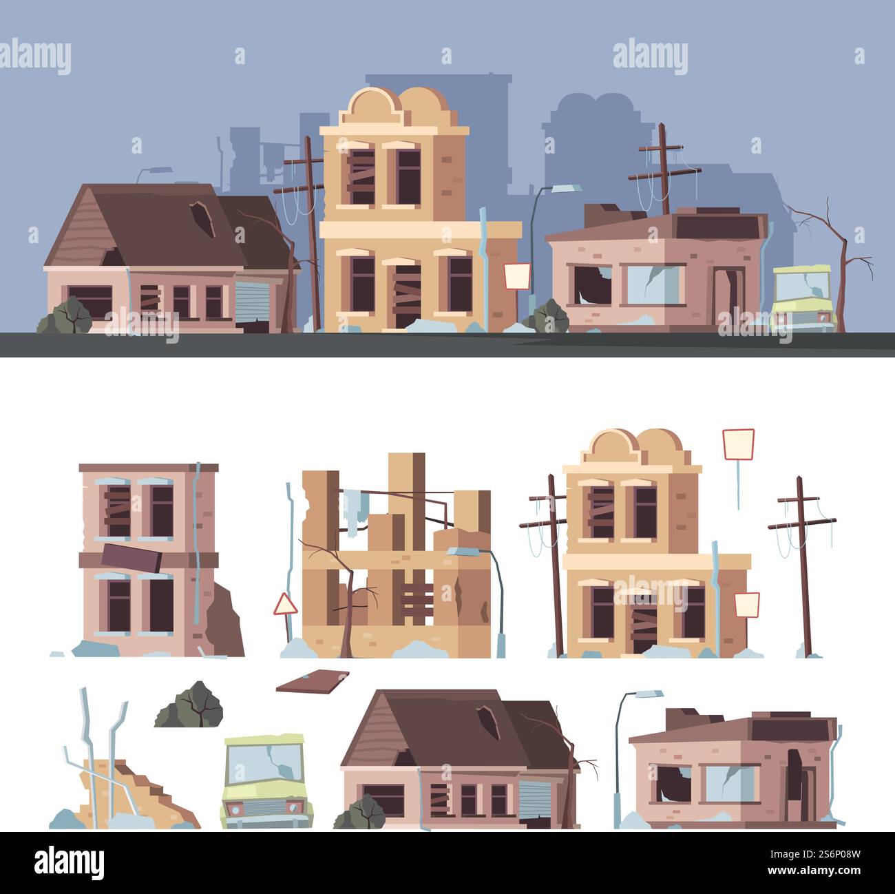 Bâtiments endommagés. Mauvaises vieilles maisons de trouble abandonnées extérieures constructions détruites en bois ensemble de collection de vecteur. Illustration dommages au bâtiment, accident tremblement de terre, architecture extérieure. Bâtiments endommagés. Mauvaises vieilles maisons de trouble abandonnées extérieures constructions détruites en bois ensemble de collection de vecteur Illustration de Vecteur