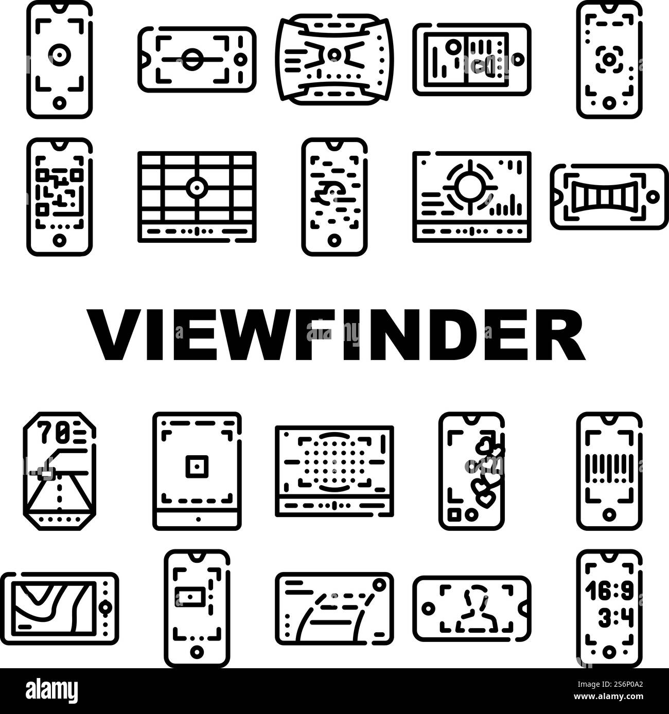 Viseur icônes de fonction smartphone définir le vecteur. Viseur d'appareil photo pour réaliser des photographies de documents et d'horizon, lecture QR et de codes-barres, illustrations de contour de périphérique de caméra thermique. Viseur icônes de fonction smartphone définir le vecteur Illustration de Vecteur