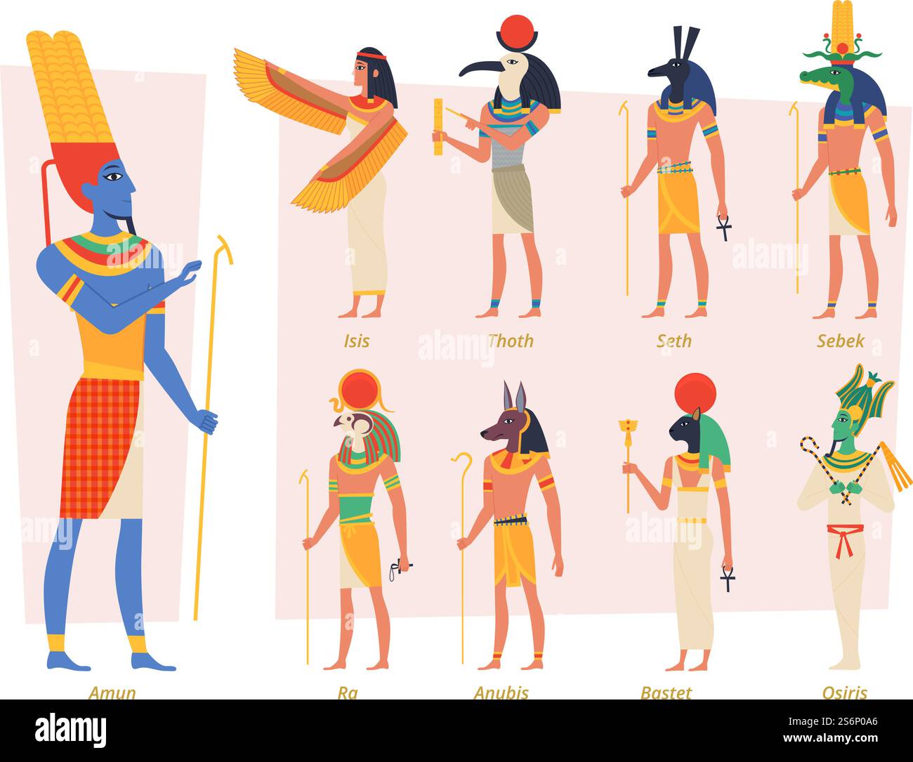 Les dieux de l'égypte antique. Pharaon anubis osiris peuple égyptien vecteur authentiques caractères exacts. Peuple religieux, afrique illustration de déesse égyptienne célèbre. Les dieux de l'égypte antique. Pharaon anubis osiris peuple égyptien vecteur authentiques caractères exacts Illustration de Vecteur