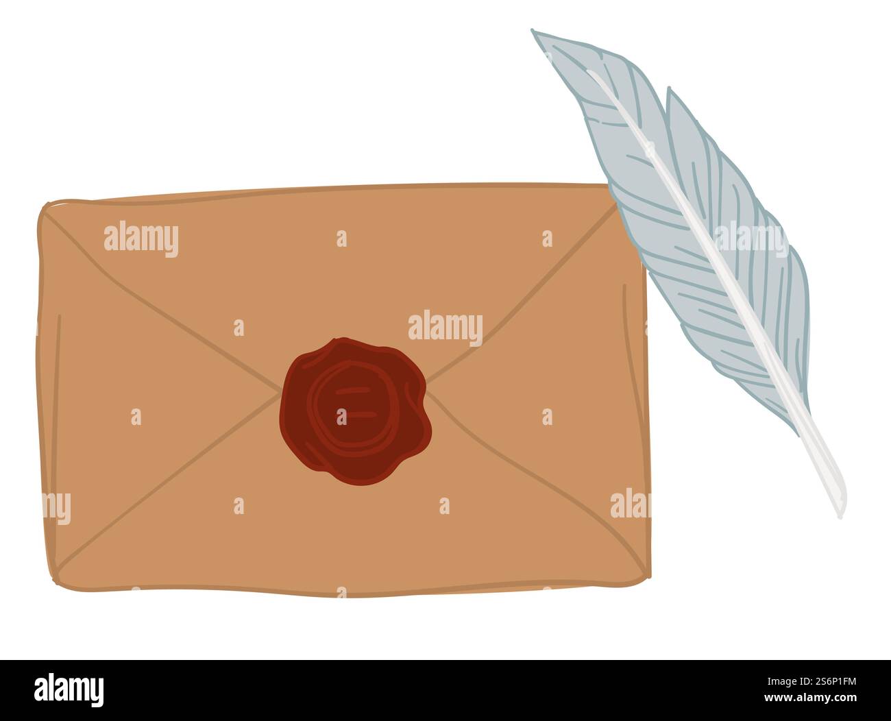 Enveloppe grungy avec sceau de cire rouge et timbre, plume utilisée pour écrire. Affranchissement et envoi postal, correspondance et documents transmis par courrier express. Communication dans les années passées, vecteur dans le style plat. Lettre vintage avec sceau de cire et crayon plume Illustration de Vecteur