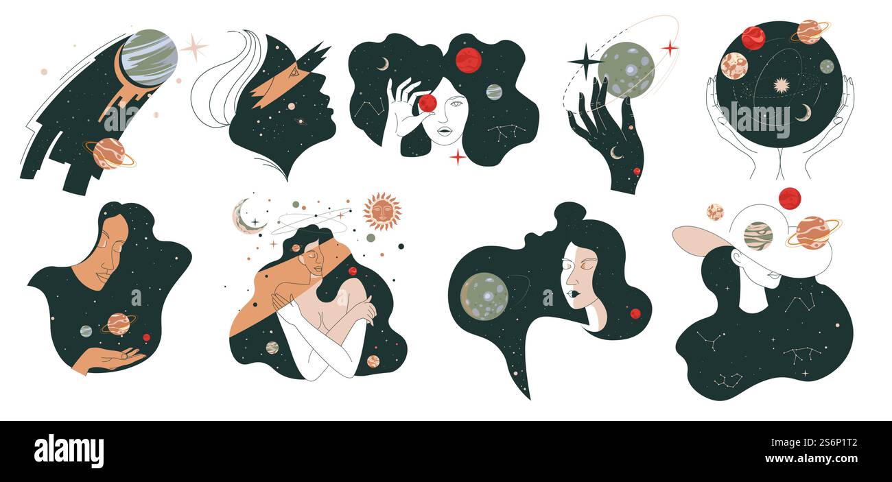 Personnage féminin avec des étoiles et des planètes dans l'espace. Dame endormie avec les yeux fermés avec clair de lune, mère nature ou personnage féminin fantaisie parmi les constellations et les corps. Vecteur dans le style plat. Cosmos et galaxie, femme avec étoiles et planètes Illustration de Vecteur