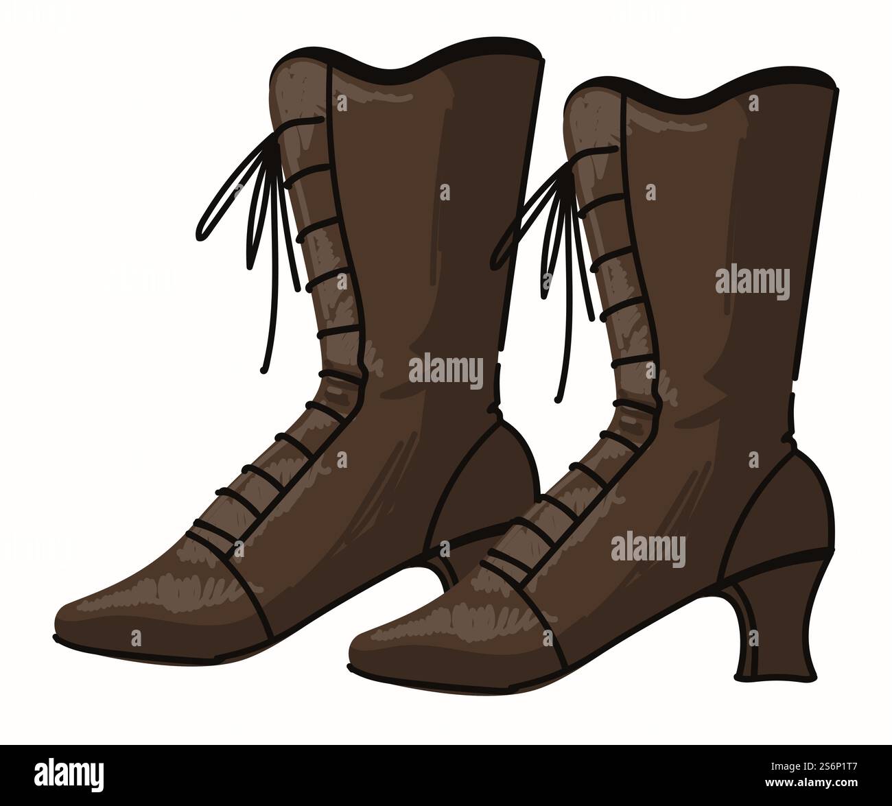 Bottes rétro à l'ancienne en cuir, paire isolée de chaussures avec lacets et talon haut. Mode gothique et look élégant pour les femmes, accessoires de vêtements vintage pour la tenue. Vecteur dans le style plat. Vieilles bottes vintage en cuir avec lacets, rétro Illustration de Vecteur