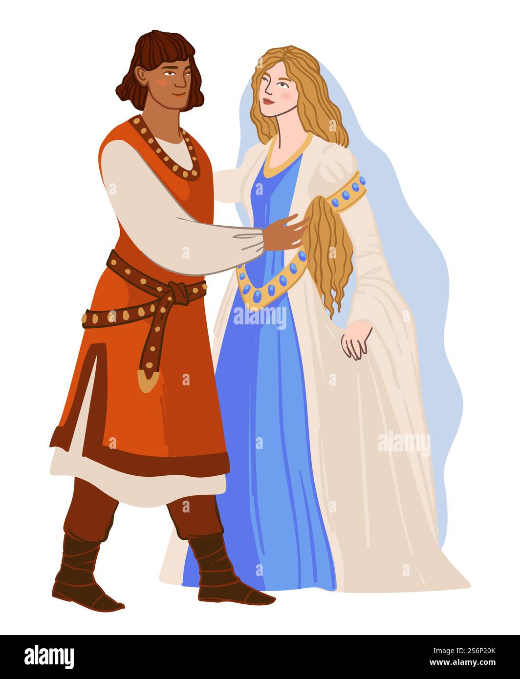 Homme et femme romans portant des costumes traditionnels et des accessoires d'autrefois. Homme et femme vêtus de vêtements. Prince et princesse, mariage ou tenue quotidienne. Vecteur dans le style plat. Homme et femme amoureux, vecteur couple roman Illustration de Vecteur