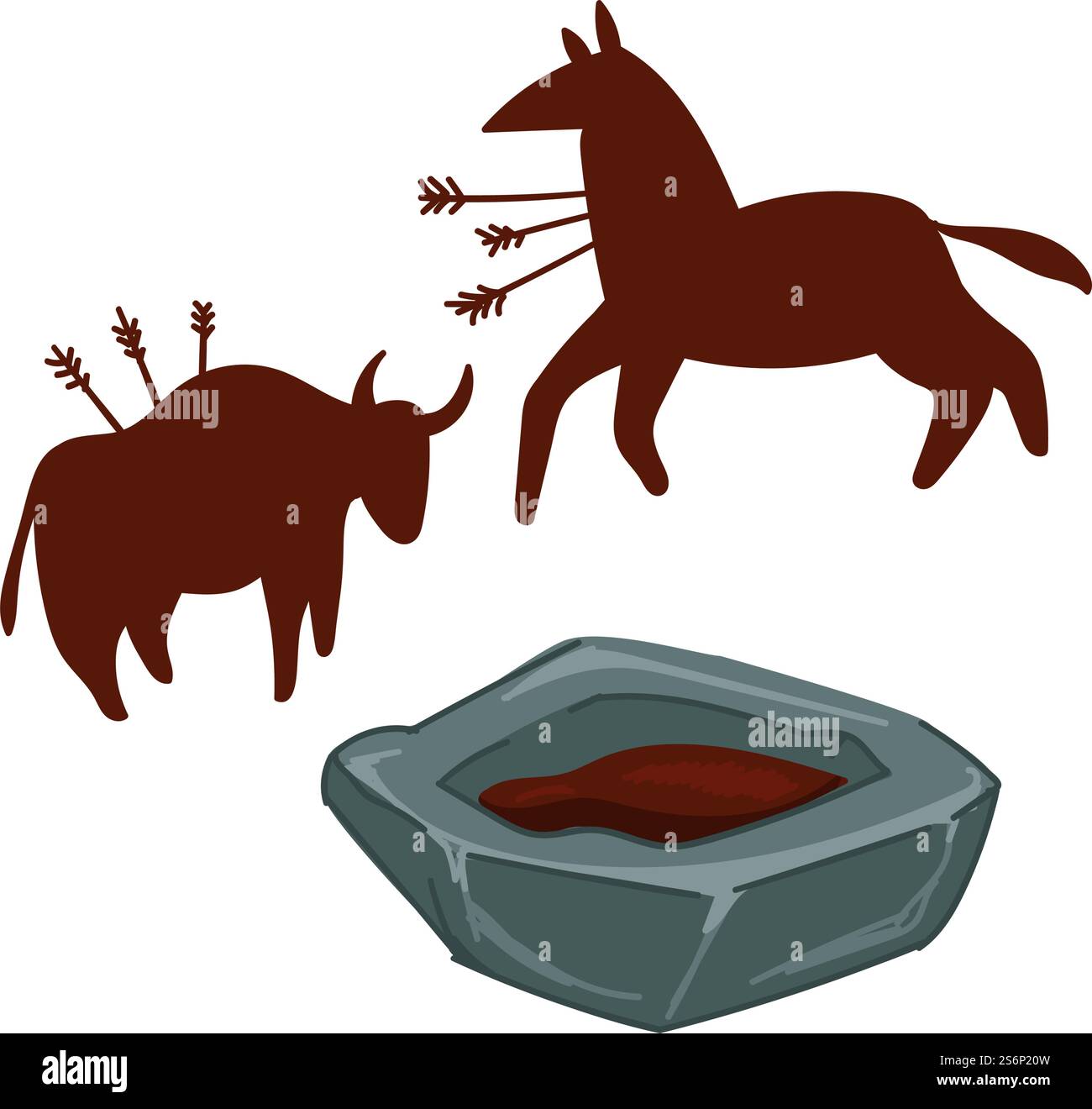 Art ancien, peinture rupestre des temps et des âges préhistoriques. Buffles isolés ou animaux avec des flèches, scènes de chasse. Représentation primitive de la vie quotidienne des hommes des cavernes. Vecteur dans le style plat. Peinture rupestre de bison avec des flèches, art ancien Illustration de Vecteur