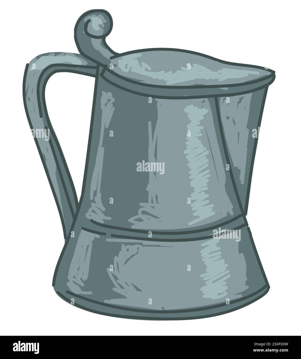 Cruche en métal à l'ancienne avec poignée et couvercle, récipient isolé pour l'eau, bouilloire utilisée à l'époque médiévale et à l'époque. Ustensiles de cuisine rouillés en matériau résistant. Exposant historique, vecteur dans le style plat. Carafe en métal antique avec poignée et vecteur de bouchon de couvercle Illustration de Vecteur