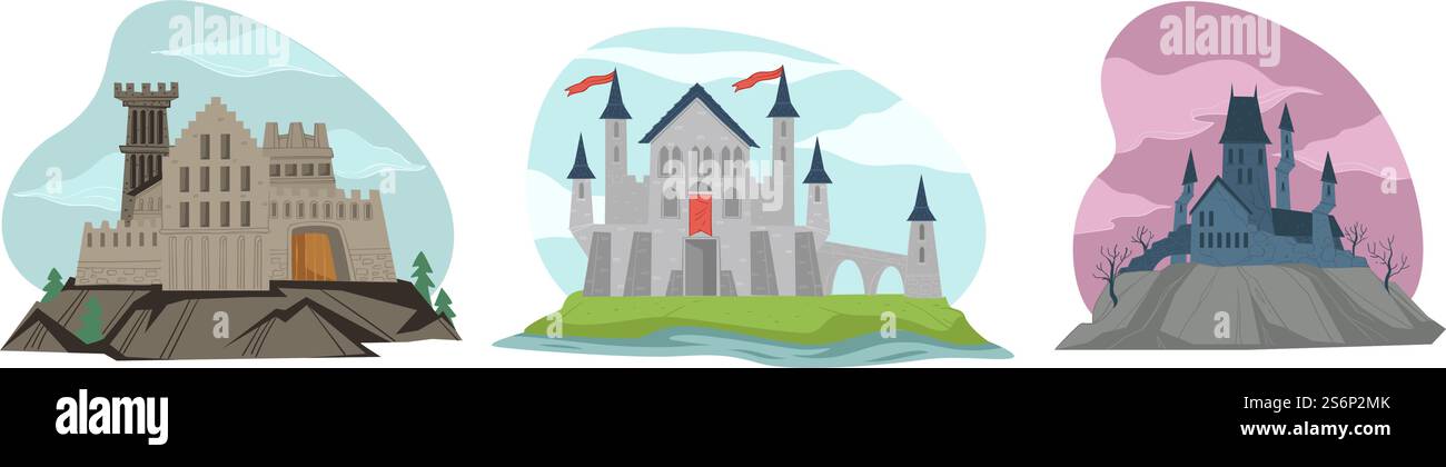 Châteaux gothiques médiévaux, constructions fantastiques avec des pointes et de petites fenêtres. Monuments ou monuments, maison hantée ou lieu sinistre, extérieurs et architecture dramatique. Vecteur dans le style plat. Château médiéval gothique avec des pointes et des rubans Illustration de Vecteur