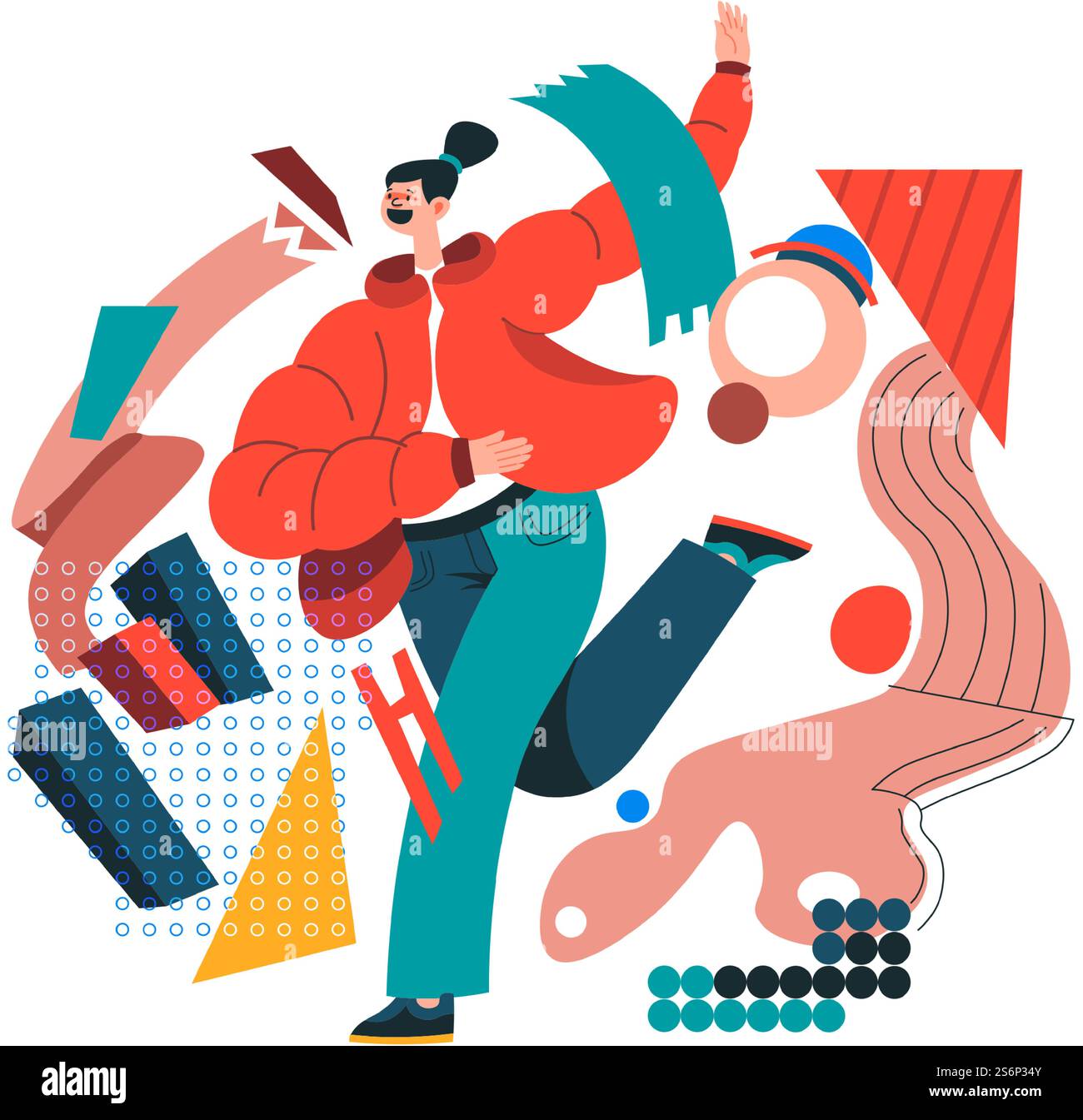 Collage abstrait avec personnage féminin patinant ou skiant et souriant. Femme portant des vêtements chauds pour l'hiver. Composition géométrique avec des formes et des formes minimalistes. Vecteur dans l'illustration de style plat. Patinage en hiver, passe-temps actif et vecteur de repos Illustration de Vecteur