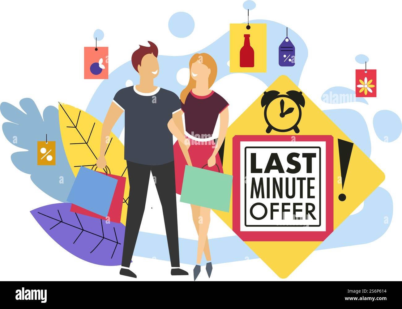 Promotions et ventes dans les magasins, offre de dernière minute pour les acheteurs et les clients. Liquidation et réduction des prix, marketing et remise dans les magasins, magasins et marchés. Vecteur dans l'illustration de style plat. Offre de dernière minute, promotion et ventes en boutique Illustration de Vecteur