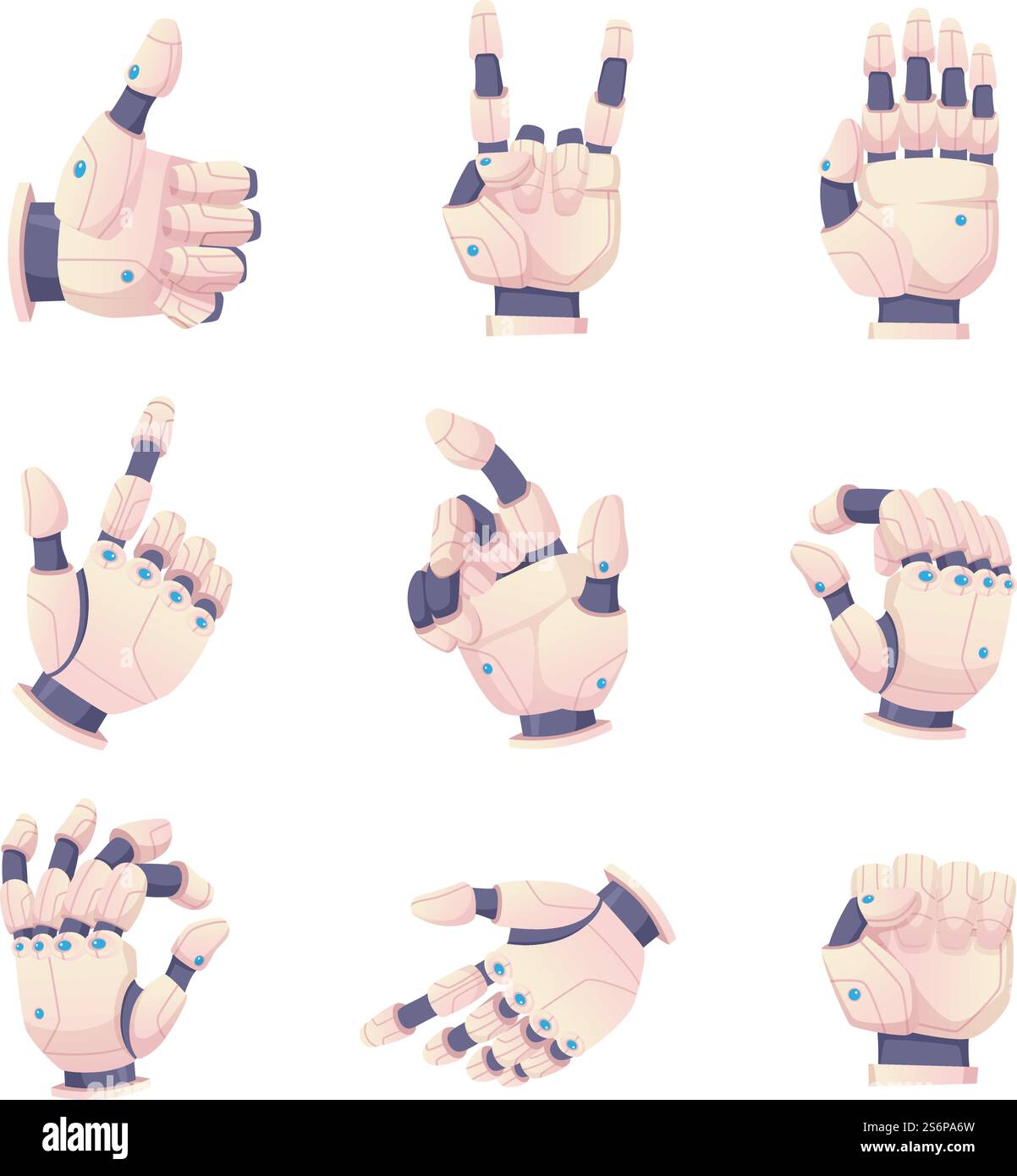 Mains humaines bioniques. Gestes de robots aidant à la mise en place de vecteurs prothétiques. Illustration bionique cyborg geste bras, prothèse de technologie de main humaine. Mains humaines bioniques. Gestes de robots aidant à la mise en place de vecteurs prothétiques Illustration de Vecteur