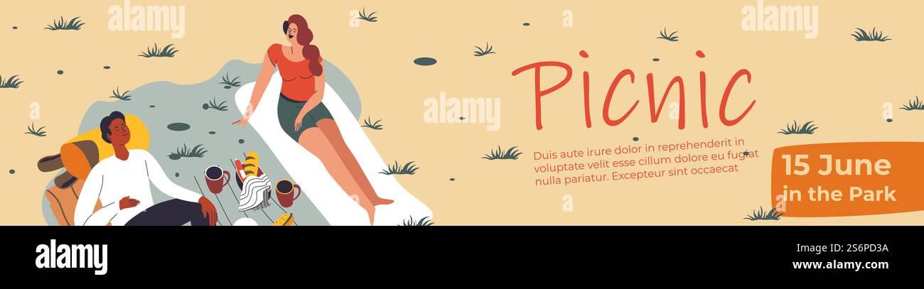 Les gens réunis en pique-nique, homme et femme apprécient la nature, la nourriture et la compagnie. Couple le week-end rester à l'extérieur, loisirs et détente. Carte d'invitation ou affiche avec date et texte, vecteur dans le style plat. Pique-nique dans le parc pour les amis, affiche de carte d'invitation Illustration de Vecteur