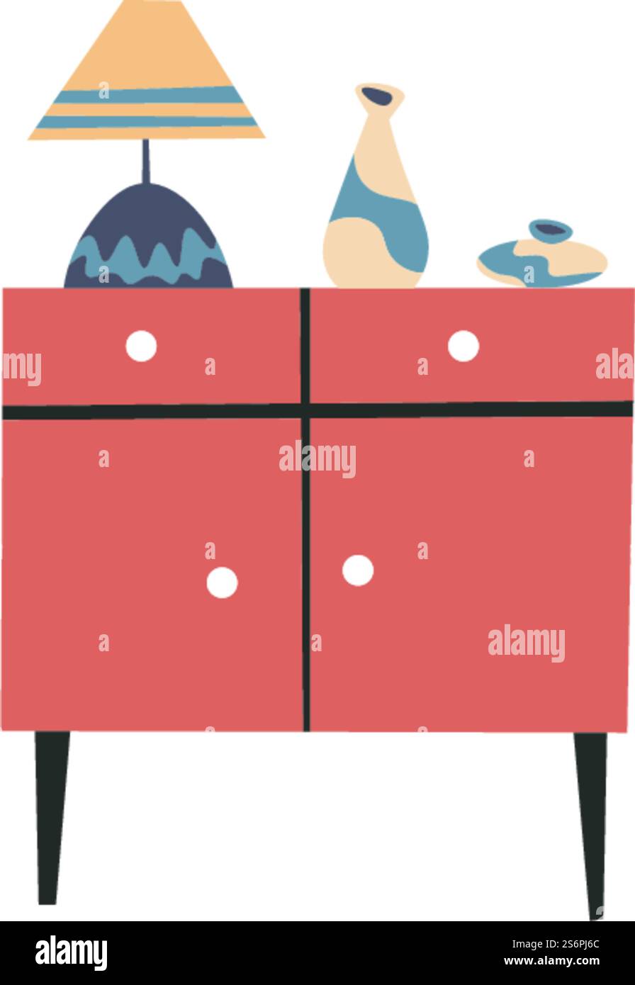 Mobilier rétro vintage, tiroirs isolés avec abat-jour et vase avec impression géométrique. Styliser la maison et rendre le design d'intérieur attrayant. Magasinez ou stockez avec un look d'échantillon. Vecteur dans le style plat. Table avec tiroirs et abat-jour avec vecteur vase Illustration de Vecteur