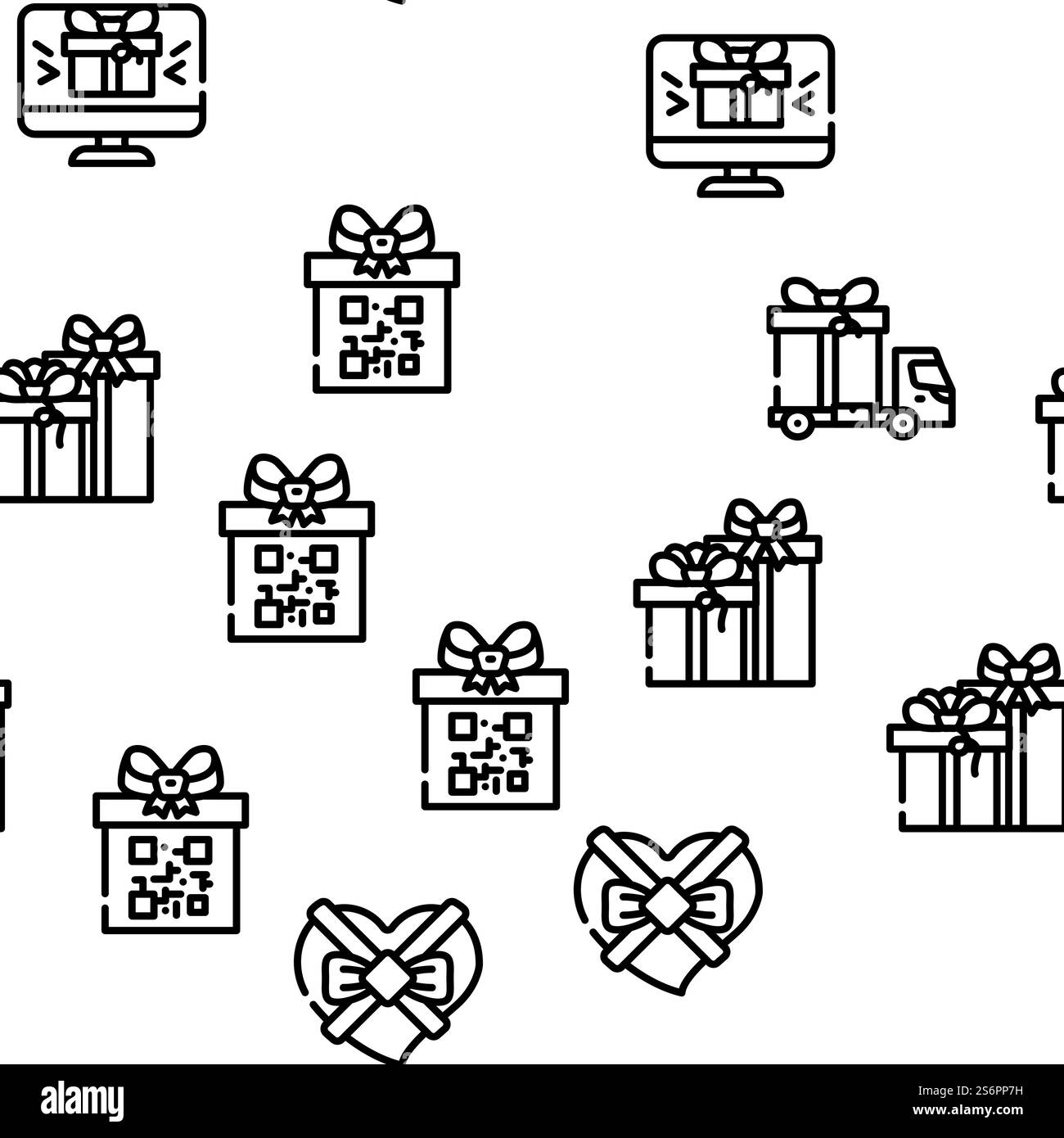 Paquet cadeau surprise sur l'illustration de ligne mince de motif sans couture de vecteur de vacances. Surprise de paquet cadeau sur Holiday Vector Seamless Pattern Illustration de Vecteur