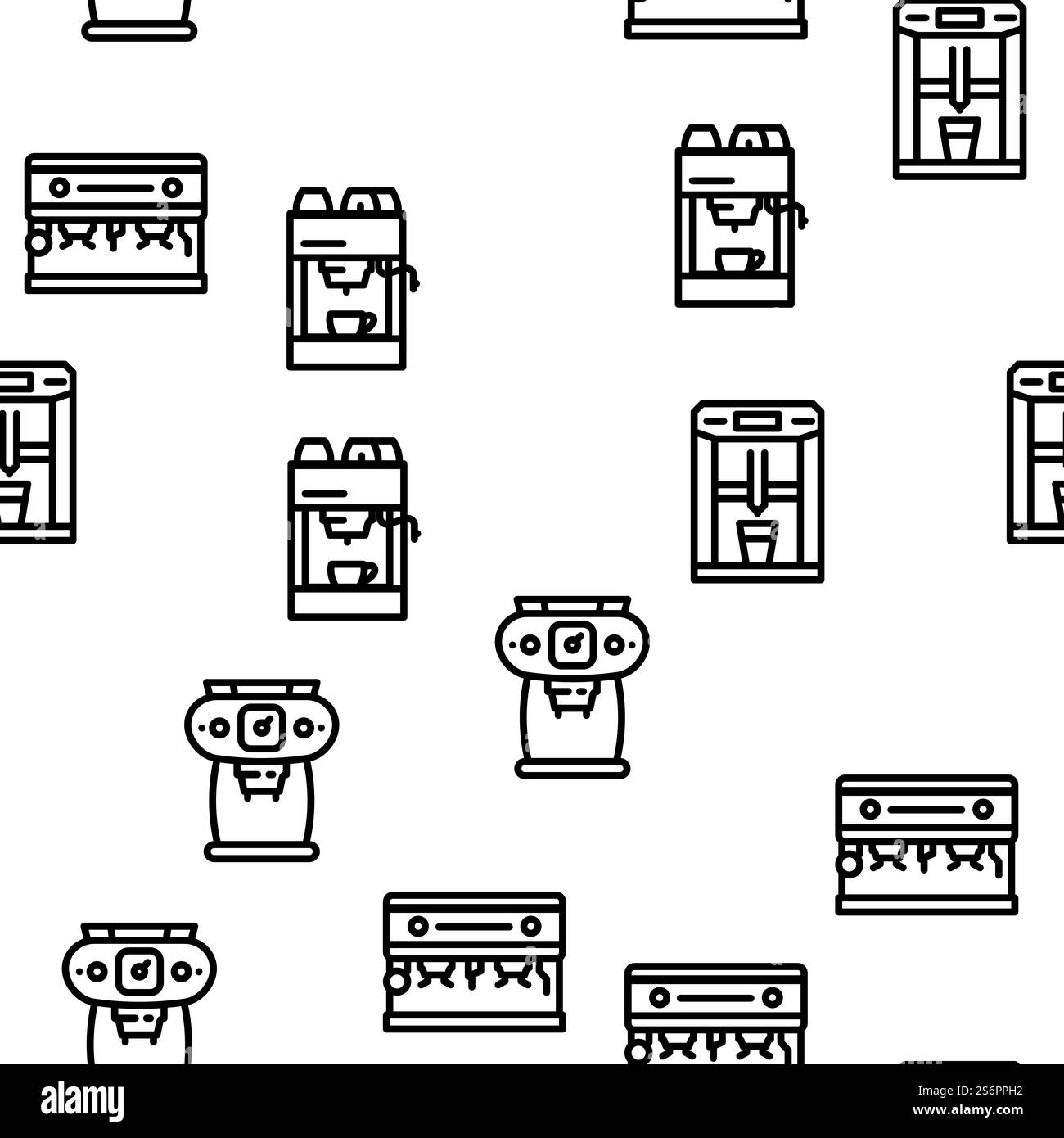 Machine à café équipement Barista Vector Seamless Pattern Thin Line illustration. Machine à café matériel Barista Vector Seamless Pattern Illustration de Vecteur