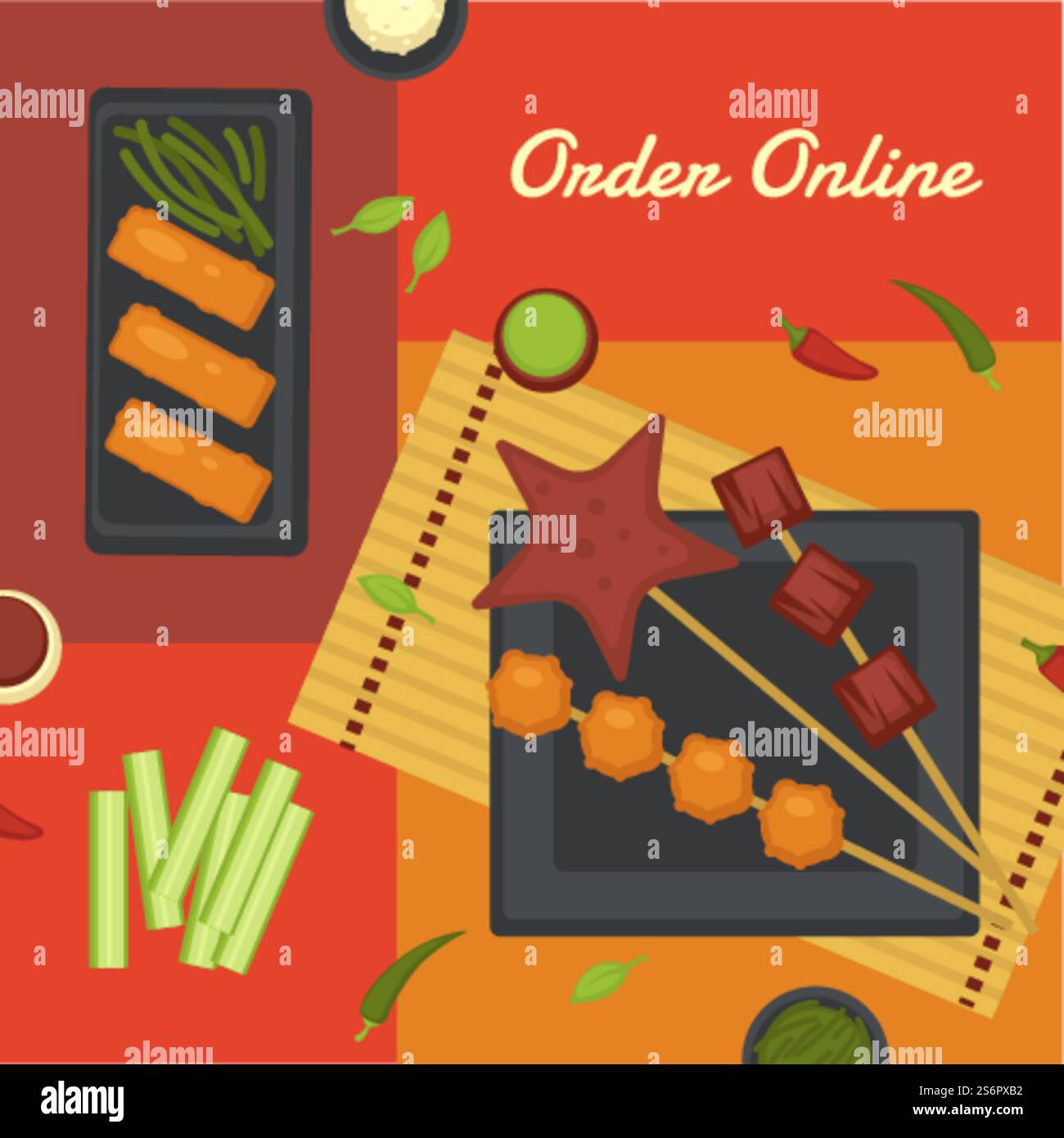 Cuisine orientale et asiatique, commandez en ligne et obtenez la livraison pour un repas. Assiette servie avec viande et brochettes de légumes. Bannière promotionnelle ou affiche avec réductions et ventes. Vecteur dans le style plat. Commandez en ligne de la nourriture chinoise, vecteur de repas asiatiques Illustration de Vecteur