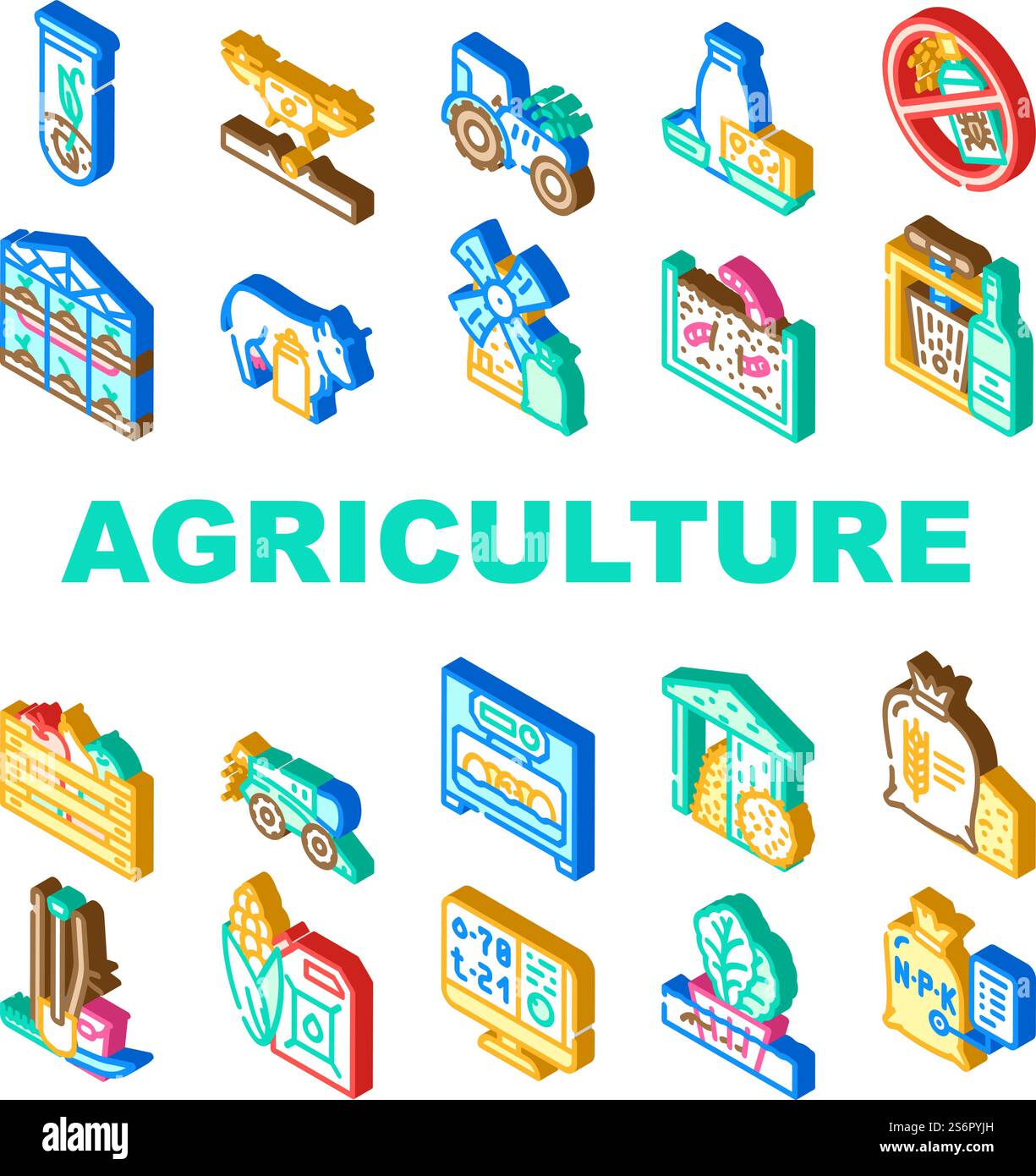 Agriculture Farmland Business Icons Set vecteur. Construction de fermes de moulins et de serres, usine de plantation de drones et tracteur avec GPS, production de récoltes agricoles illustrations de couleur isométrique. Agriculture Farmland Business Icons Set vecteur Illustration de Vecteur