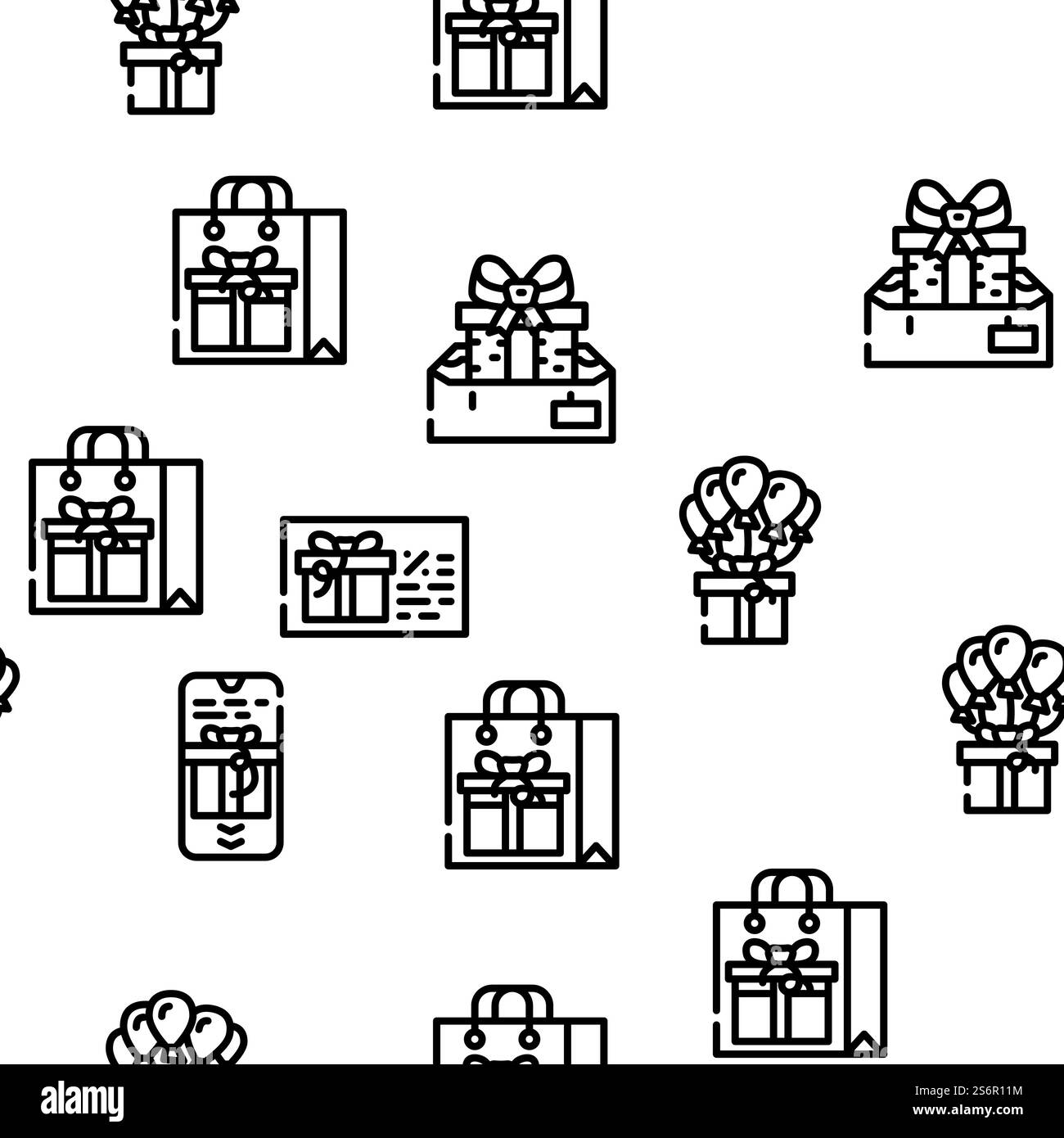 Paquet cadeau surprise sur l'illustration de ligne mince de motif sans couture de vecteur de vacances. Surprise de paquet cadeau sur Holiday Vector Seamless Pattern Illustration de Vecteur