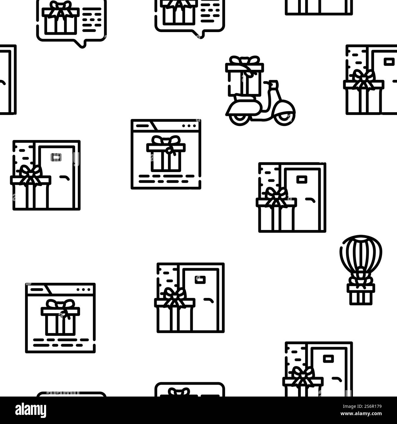 Paquet cadeau surprise sur l'illustration de ligne mince de motif sans couture de vecteur de vacances. Surprise de paquet cadeau sur Holiday Vector Seamless Pattern Illustration de Vecteur