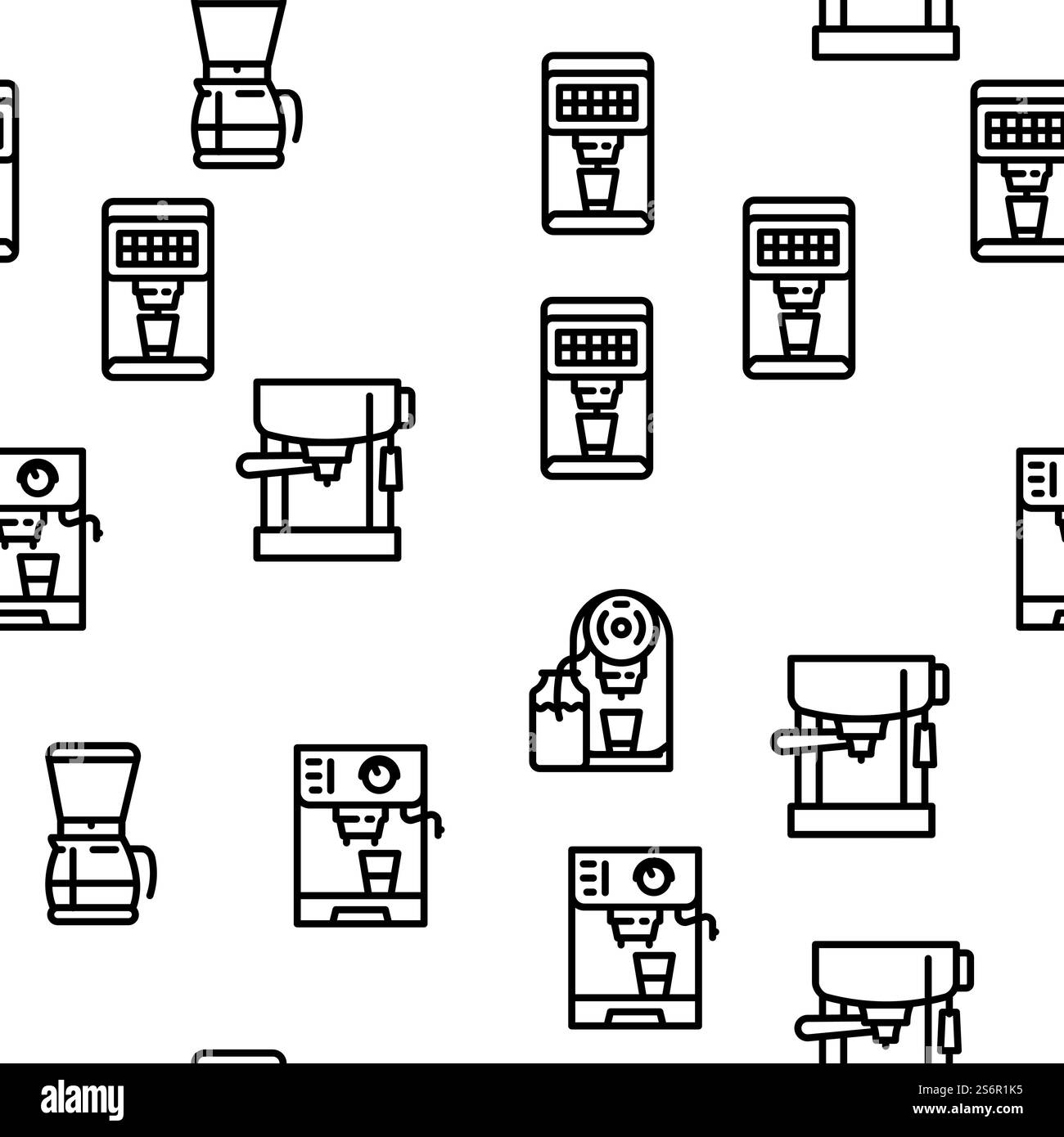 Machine à café équipement Barista Vector Seamless Pattern Thin Line illustration. Machine à café matériel Barista Vector Seamless Pattern Illustration de Vecteur