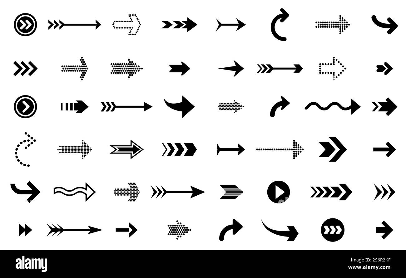 Icônes de flèches noires. Flèche moderne vers le haut, symboles de panneau de direction. Elément infographique haut bas, pointeur ou vecteur de curseur d'interface. Direction vers la droite, illustration de la flèche de l'interface d'application. Icônes de flèches noires. Flèche moderne vers le haut, symboles graphiques de signe de direction. Infographie Eléments haut-bas, pointeur ou curseur d'interface ensemble de vecteurs récents Illustration de Vecteur