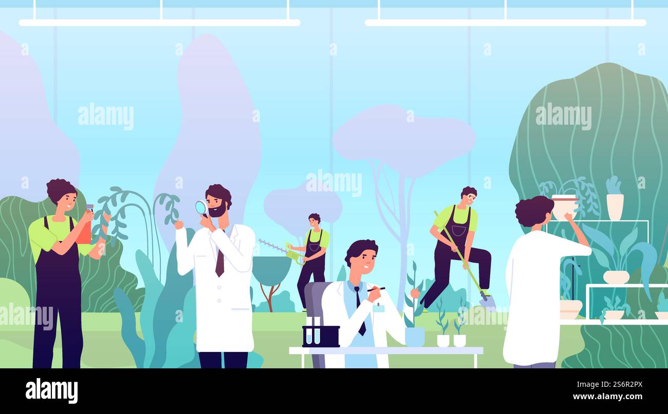 Travail en serre. Herbs Scientist, les gens dans le jardin avec l'équipement. Recherche en botanique ou en biologie, concept de vecteur de test de croissance florissante. Illustration serre et agricole. Travail en serre. Herbs Scientist, les gens dans le jardin avec l'équipement. Recherche en botanique ou en biologie, concept de vecteur de test de croissance florissante Illustration de Vecteur