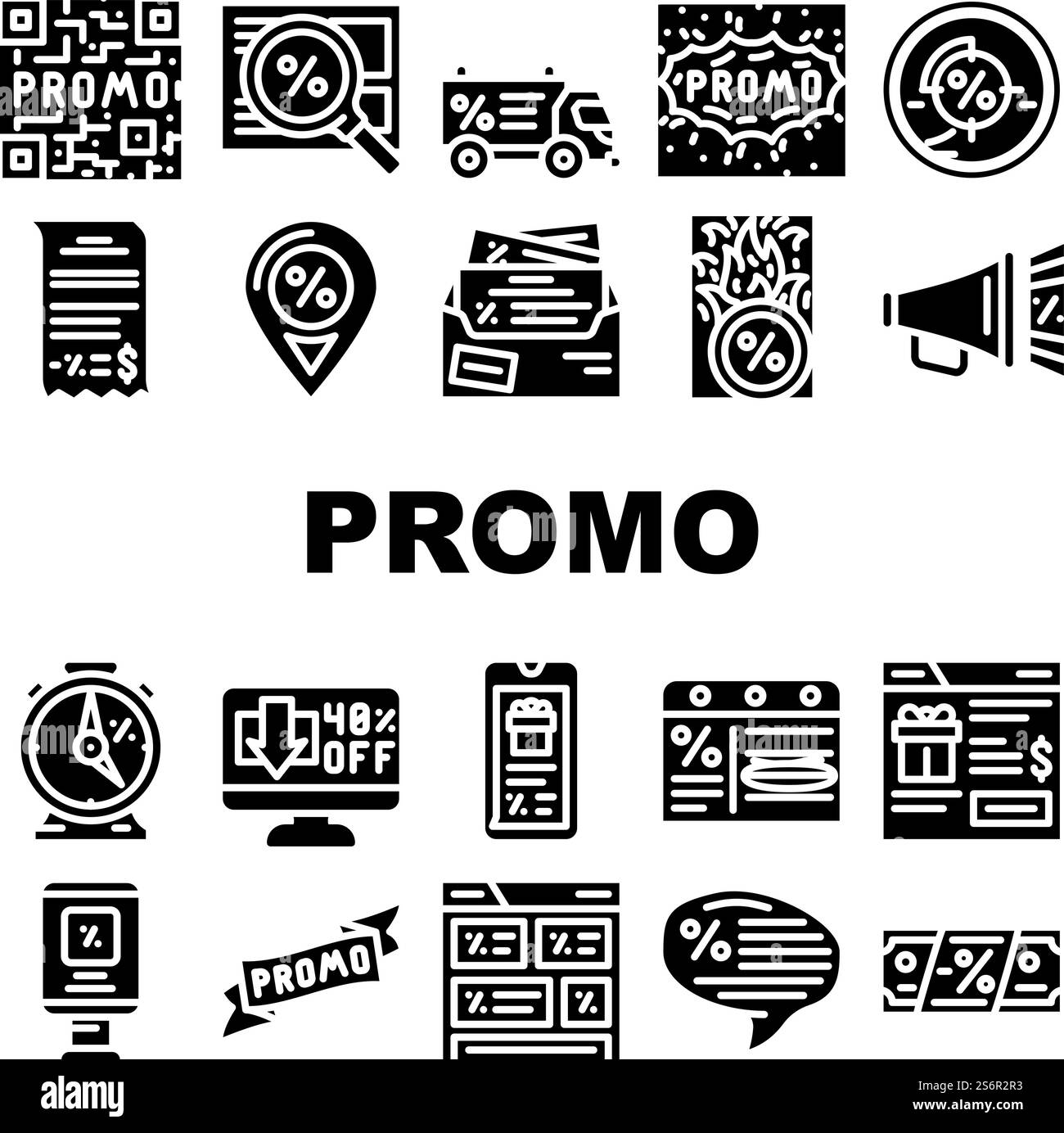 Vecteur d'ensemble d'icônes de coupon promotionnel et publicitaire. QR Code sur la vente remise et Newsletter avec Messenger de publicité, bannière de rue promo et pictogrammes de glyphe de ruban promotionnel illustrations noires. Vecteur d'ensemble d'icônes de coupon promotionnel et publicitaire Illustration de Vecteur