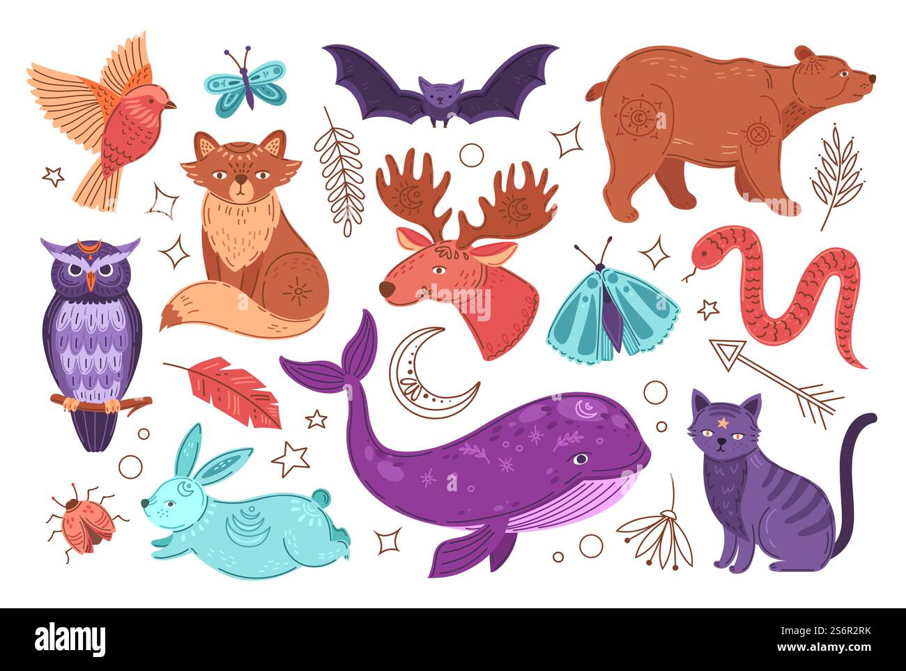 Animaux mystiques. Contes d'alchimie, animal avec lune et cristal. Scarabée moderne ou coléoptère, hibou ésotérique. Magic Kids conte des personnages vectoriels exacts. Illustration renard et cerf, forêt de mystère animal. Animaux mystiques. Contes d'alchimie, animal avec lune et cristal. Scarabée moderne ou coléoptère, hibou ésotérique. Magic Kids conte des personnages vectoriels exacts Illustration de Vecteur