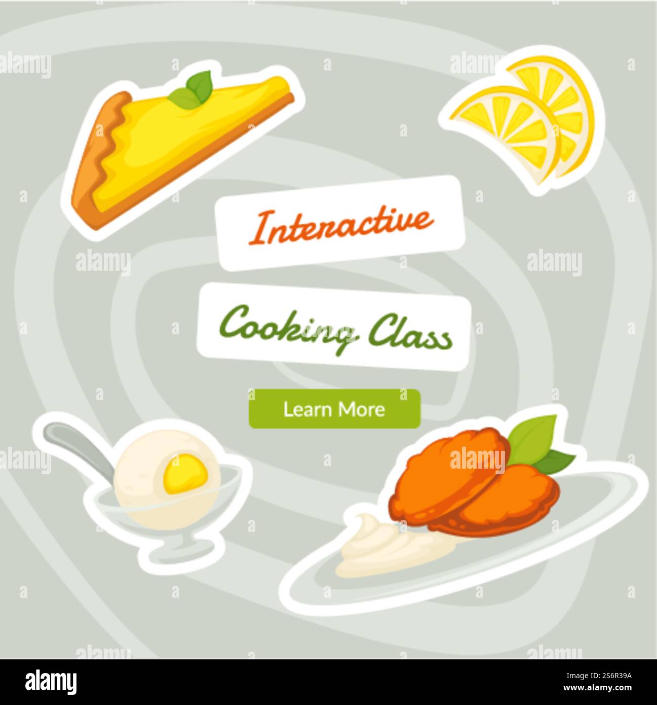 Préparation de plats cours de cuisine interactive. Apprendre de nouvelles astuces et développer des compétences en pâtisserie. Desserts et repas de viande. Bannière promotionnelle, publicité ou présentation alimentaire. Vecteur dans le style plat. Cours de cuisine interactif, préparation de cours de nourriture Illustration de Vecteur