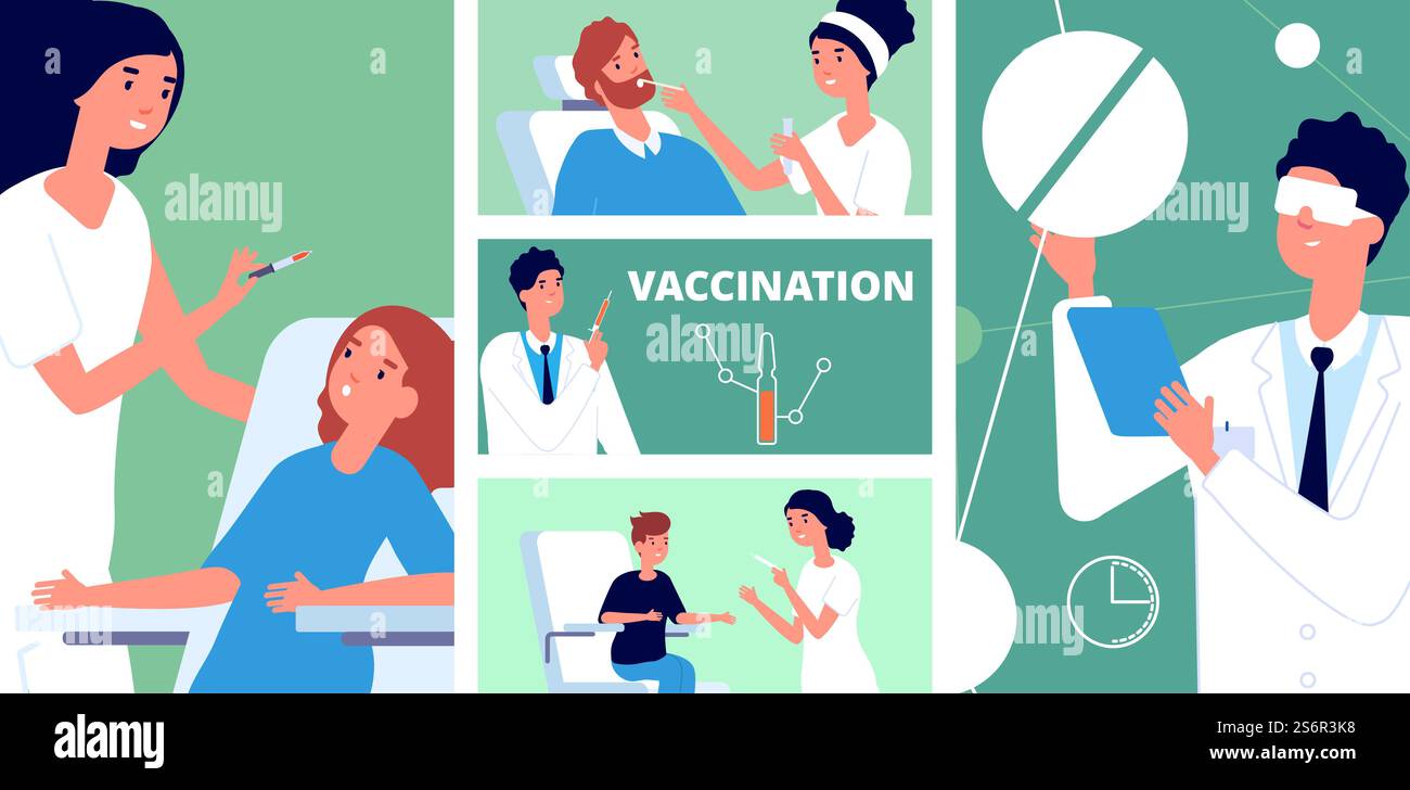 La recherche médicale. Trouver un vaccin, antivirus vacciner les gens. Vaccination nouveaux médicaments, médecins infirmiers. Concept de vecteur de laboratoire pharmaceutique. Illustration virus vaccin, bannière antivirus. La recherche médicale. Trouver un vaccin, antivirus vacciner les gens. Vaccination avec de nouveaux médicaments, médecins infirmiers. Concept de vecteur de laboratoire pharmaceutique Illustration de Vecteur