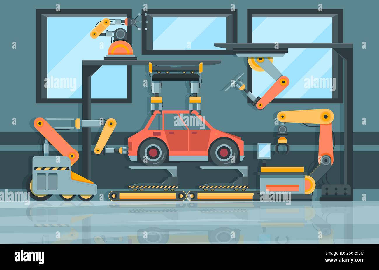 Industrie intelligente. Convoyeur avec des systèmes d'usinage de mains robotiques Garish vectoriel fond de bande dessinée. Fabriquez le dessin animé d'usine, illustration de la ligne de système industriel. Industrie intelligente. Convoyeur avec des systèmes d'usinage de mains robotiques Garish vectoriel fond de bande dessinée Illustration de Vecteur