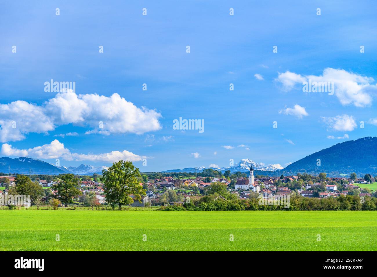 Allemagne, Bavière, Tölzer Land, Königsdorf, vue du village vers les contreforts des Alpes et Vorkarwendel avec Juifen, vue près de Wiesen Banque D'Images