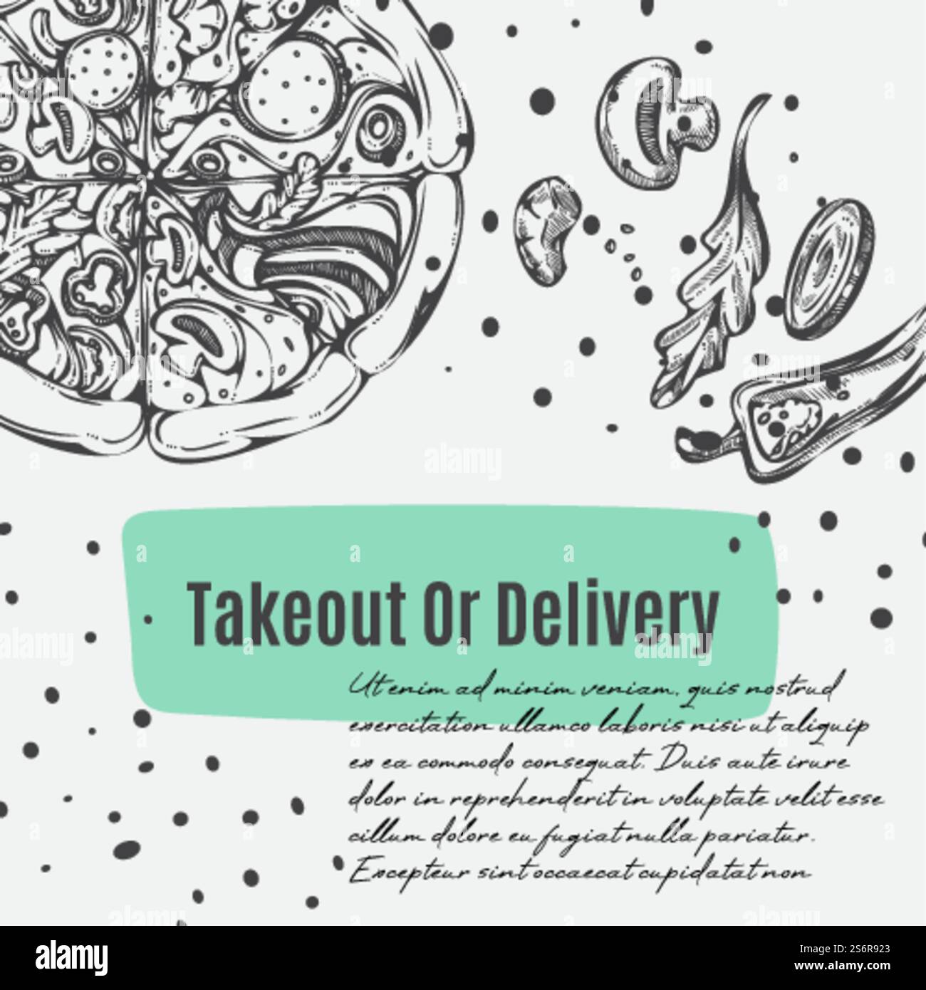 Pizzeria ou restaurant, café ou bistrot proposant des pizzas à emporter. Recette classique avec de la viande et des légumes. Bannière promotionnelle ou affiche avec réductions et ventes. Vecteur monochrome dans le style plat. Emporter ou livraison de pizza, pizzeria ou café Illustration de Vecteur
