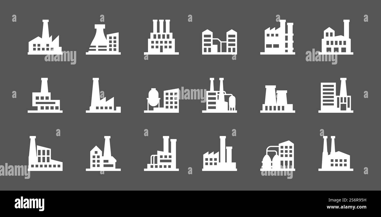 Bâtiments industriels. Hazzard usine fabrique des icônes collection de plantes d'énergie Garish silhouettes de vecteur. Fabrication de bâtiment d'usine d'illustration, icônes industrielles de construction. Bâtiments industriels. Hazzard usine fabrique des icônes collection de plantes d'énergie Garish silhouettes de vecteur Illustration de Vecteur