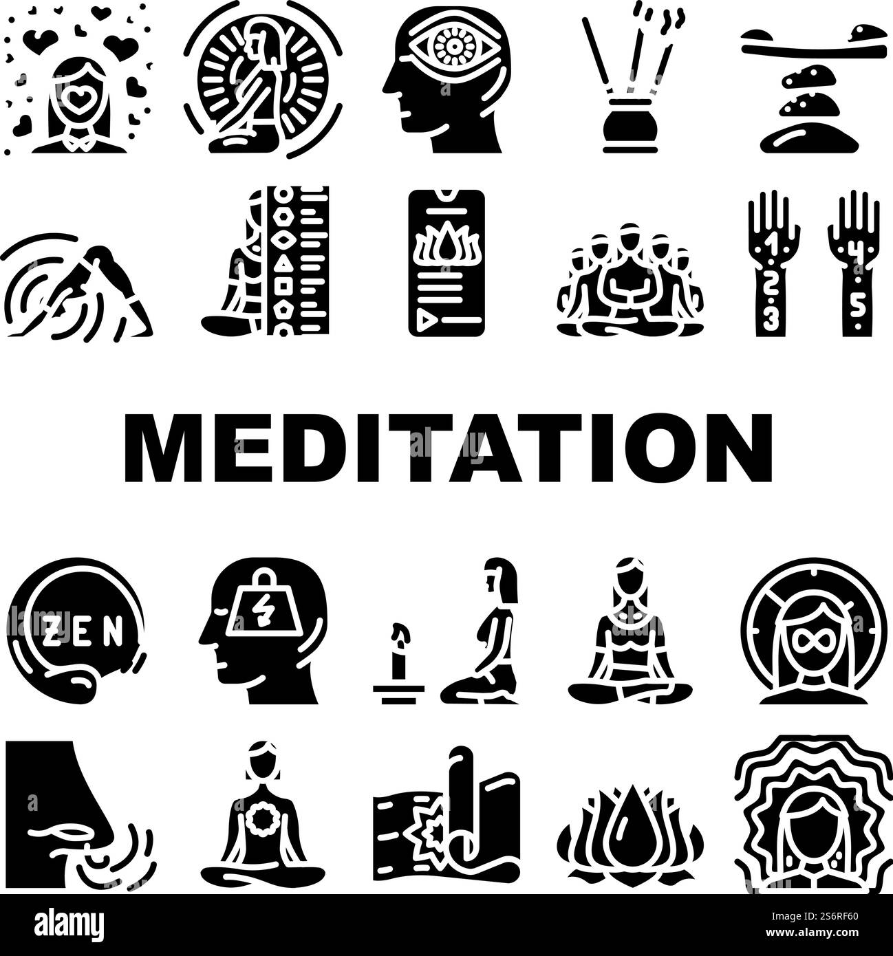 Méditation Wellness occupation Icons Set vecteur. Méditation spirituelle de groupe et mantra, Aroma Therapy et relaxation progressive, Harmony Zen et Healthcare pictogrammes de glyphes de souffle illustrations noires. Méditation Wellness occupation Icons Set vecteur Illustration de Vecteur