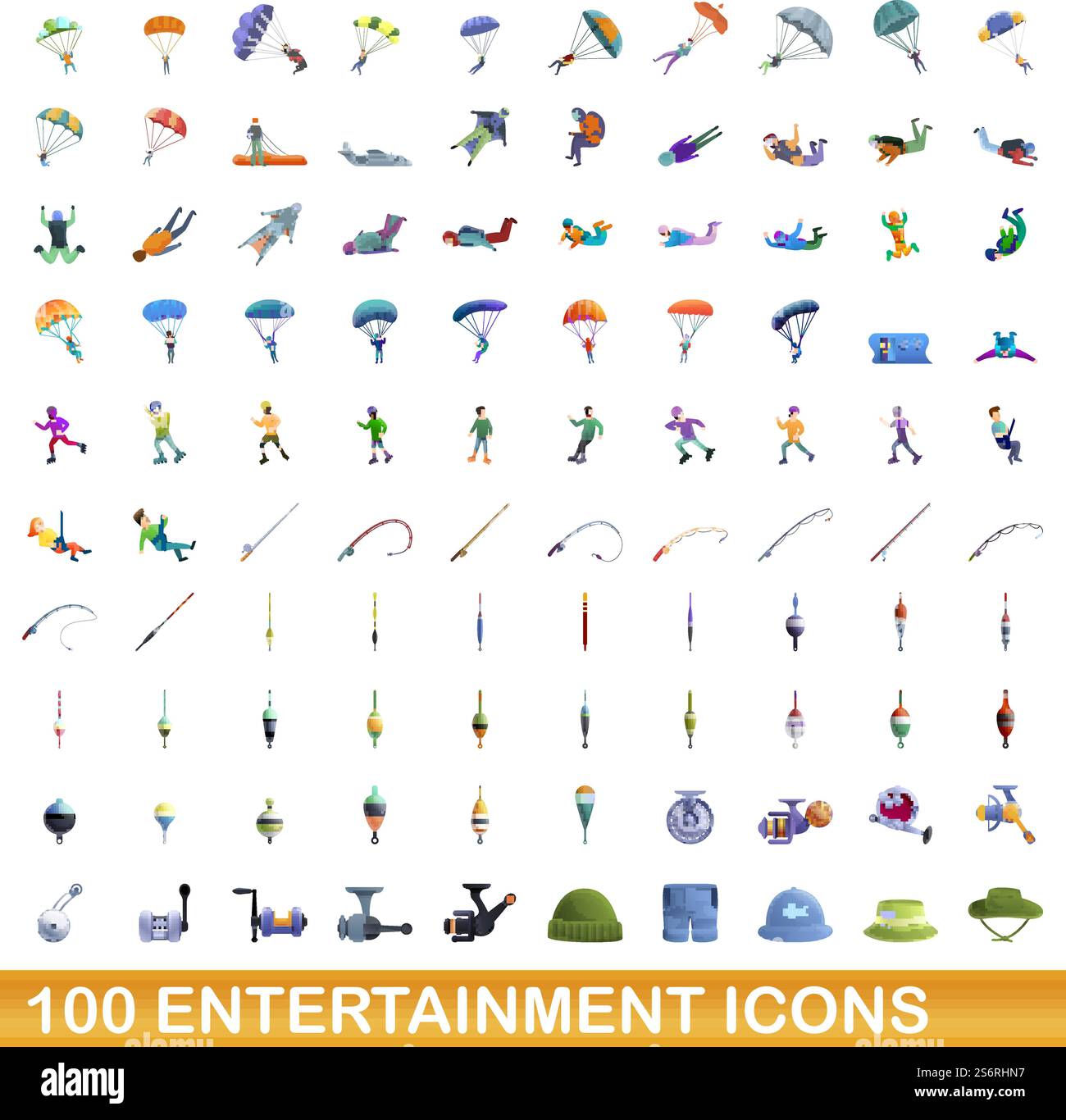 jeu de 100 icônes de divertissement. Illustration de dessin animé de 100 icônes de divertissement ensemble de vecteur isolé sur fond blanc. 100 icônes de divertissement définies, style de dessin animé Illustration de Vecteur